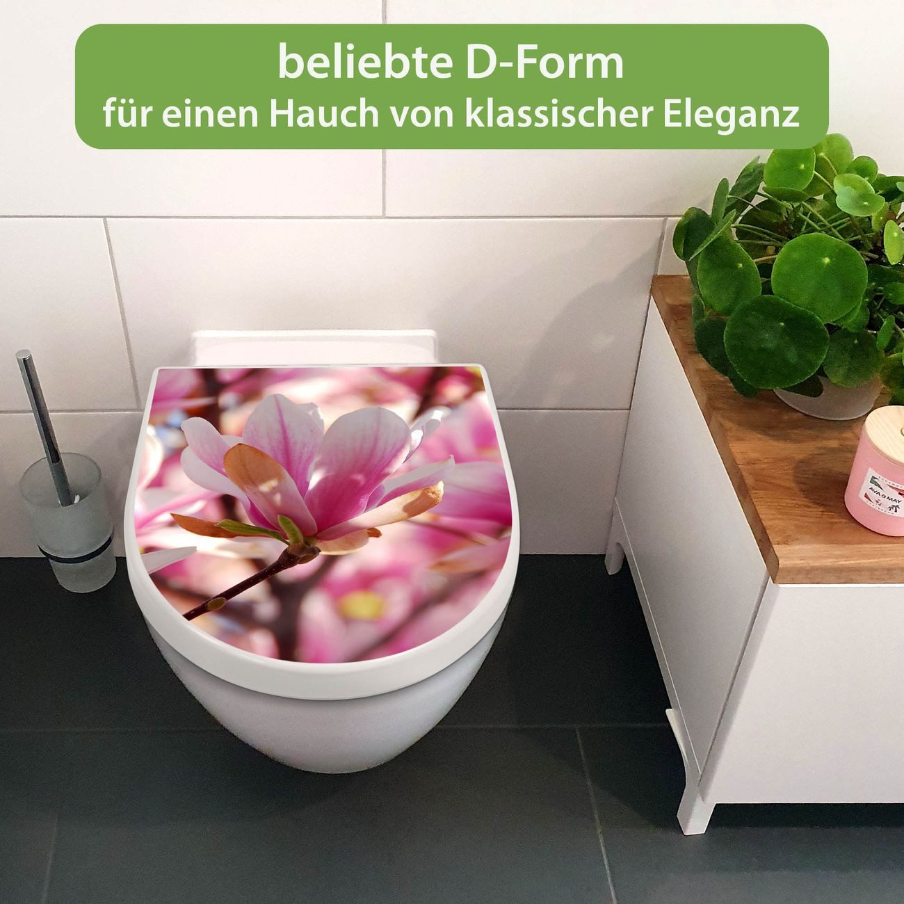 banjado WC-Sitz Premium D-Form mit Absenkautomatik Motiv Magnolia (umweltfreundliches Material, Softclose Absenkautomatik), 45 x 36,4 x 4
