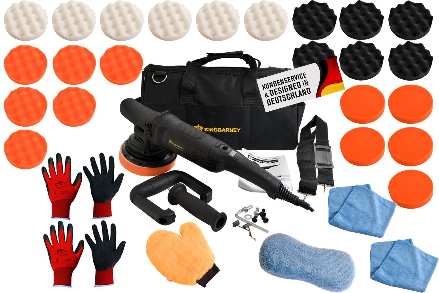 Duke-Handel Exzenter Poliermaschine Polierer Autopolierer Schleifmaschine 810Watt 15mm Hub (S), 1650 min. U/min, 4800 max. U/min, (Set, 36 tlg., inkl. umfangreichem Polier- und Schleifzubehör), ohne Akku und Ladegerät, Poliermaschine für Rechts- und Linkshänder