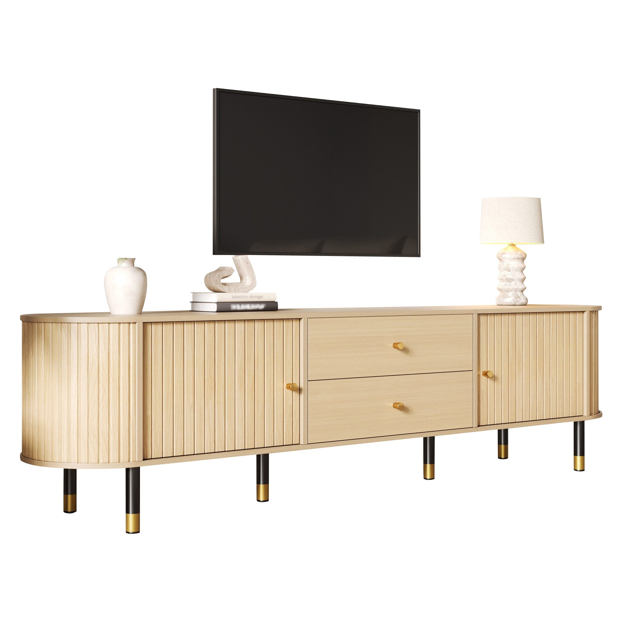 Merax Lowboard mit 2 Schiebetüren und 2 Schubladen, TV Schrank in Holzoptik (1 St), Fernsehtisch mit Kabelmanagement, 180x40x58cm