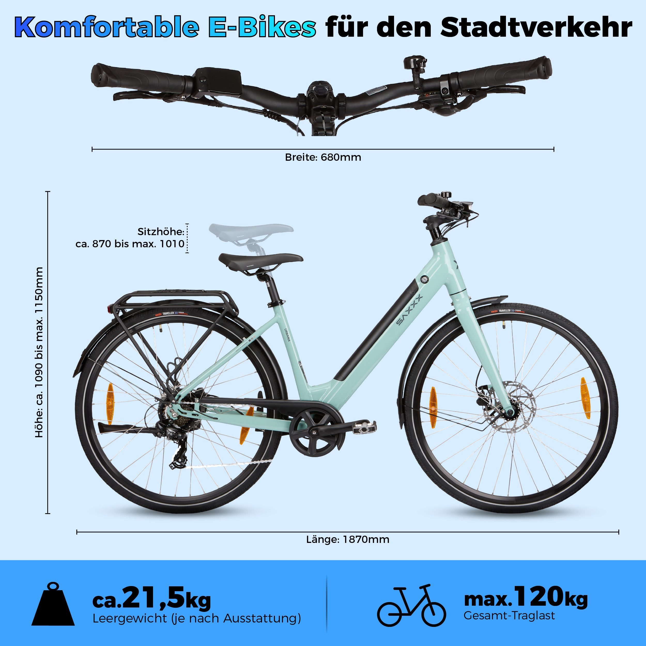 SAXXX E-Bike Cityrad 28 Zoll, Elektrofahrrad bis zu 90km, E-Cityrad, nur 21,5kg, RH: 45cm, 7 Gang Shimano, Kettenschaltung, Heckmotor, 417,6 Wh, Tiefeinsteiger, – Bild 3 von 5