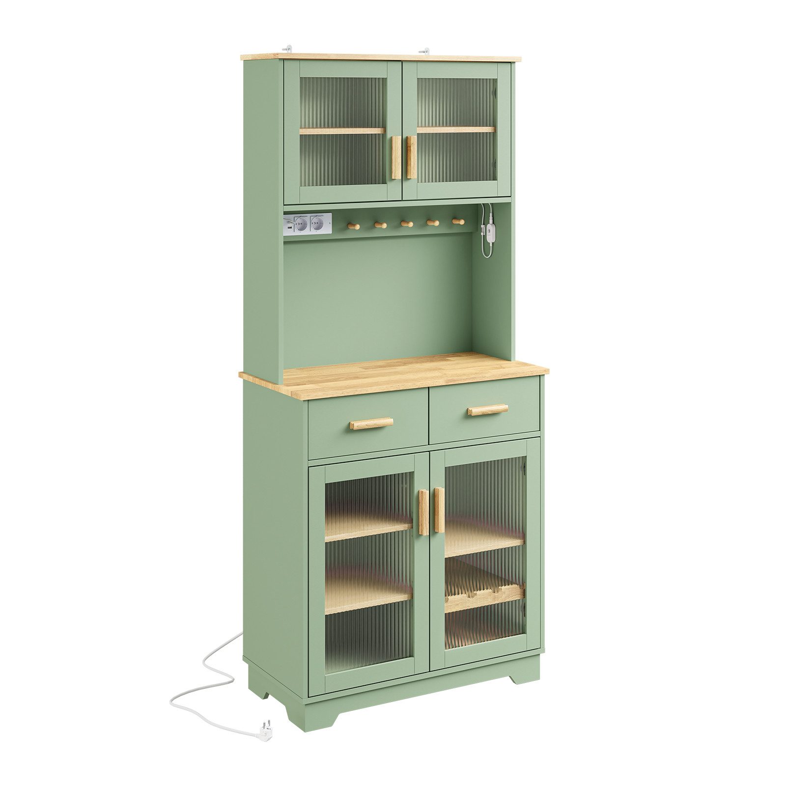 SoBuy Hochschrank FSB108-E, Küchenbuffet mit Arbeitsplatte, Vitrinenschrank mit LED (1er Set) Grüner Schrank mit LED, Steckdosen und USB-Anschluss für Küche