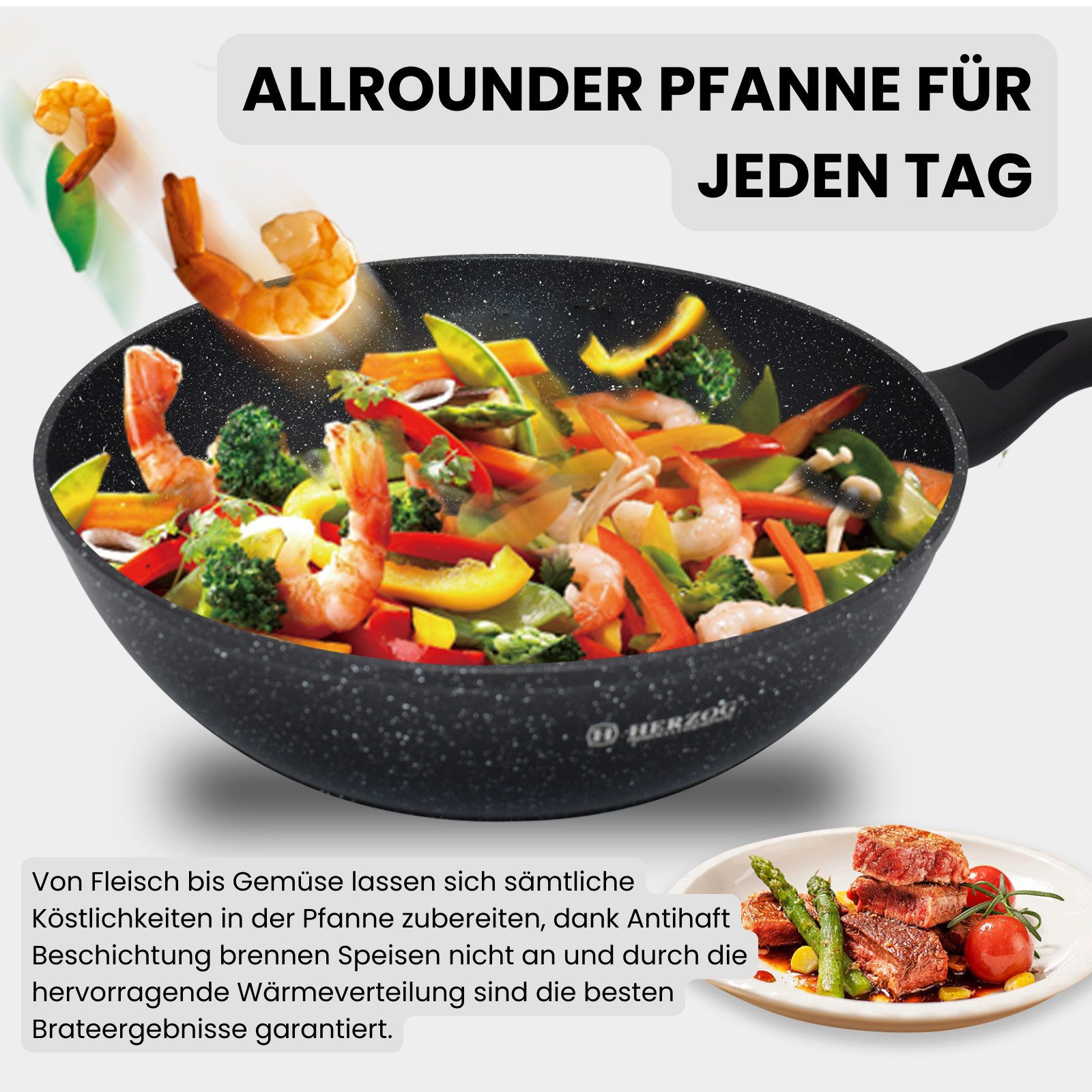 Kitchen Pro + Wok Pfanne Induktion, Schmortopf Silikon Griff & Glasdeckel, Aluminiumguss (Blackstone Coating Design), 5,5 l Volumen & 28 cm Durchmesser