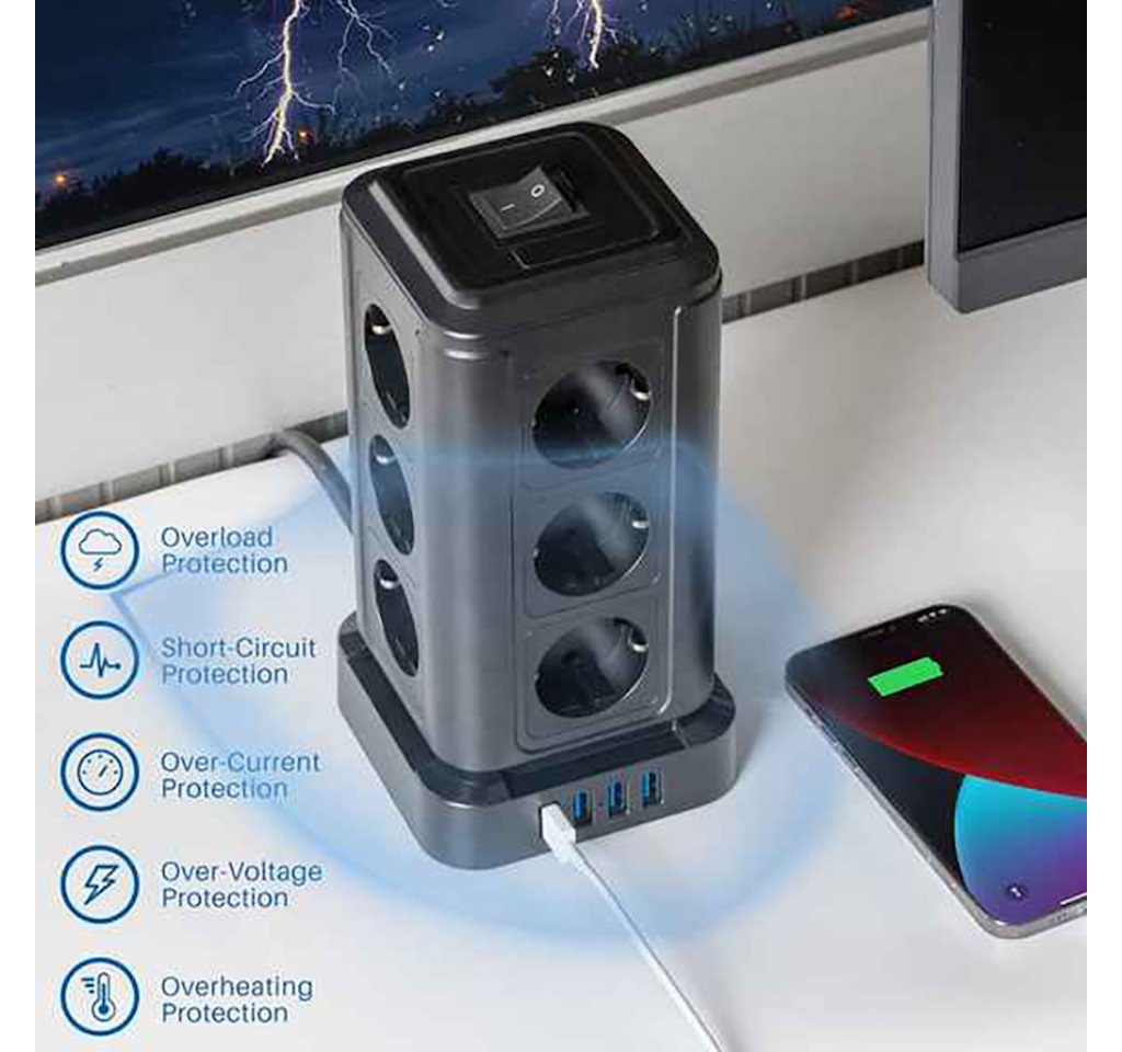 Thumbnail - KUPU Mehrfachsteckdose mit 3USB-A&1USB-C Mehrfachsteckdose (Ein- / Ausschalter, USB-Anschlüsse, Überspannungsschutz, Übe...