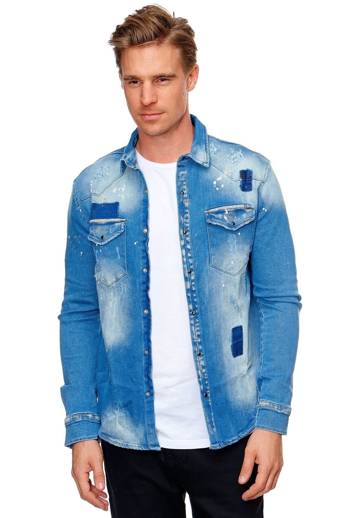 Uniplay Langarmhemd »Herren Jeans Hemd Jacke mit Designer Print festes  Material« (slim fit Schnitt, 1-tlg., mit Knöpfe) 3437 in Blau online kaufen  | OTTO