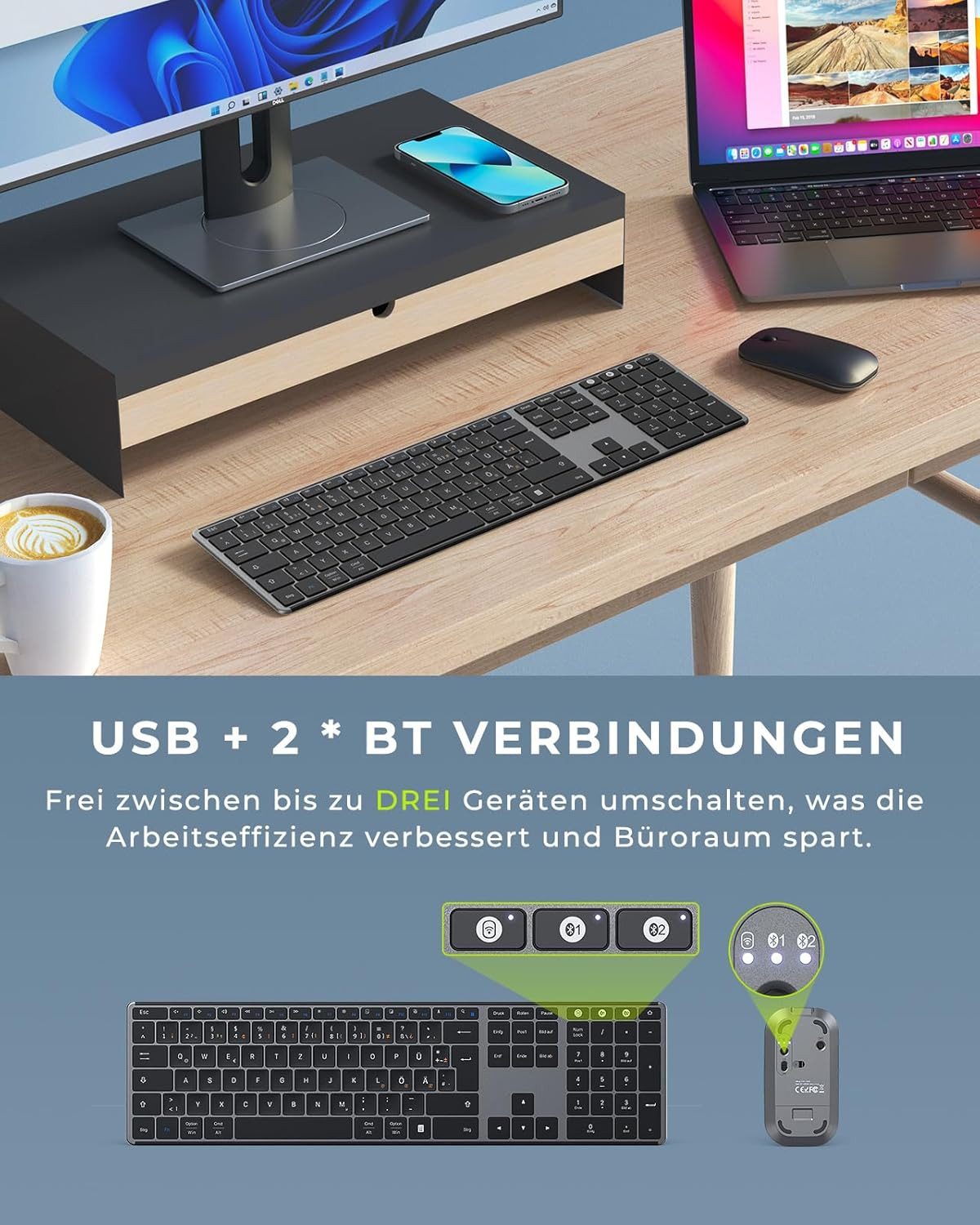 Seenda SKM64-3 Bluetooth Tastatur mit Maus Tastatur- und Maus-Set, (Wiederaufladbare Dualmodus USB & Bluetooth Tastatur aus Metal, 2 St., Tastatur&Maus(kabellos), USB-A/ BT1/ BT2