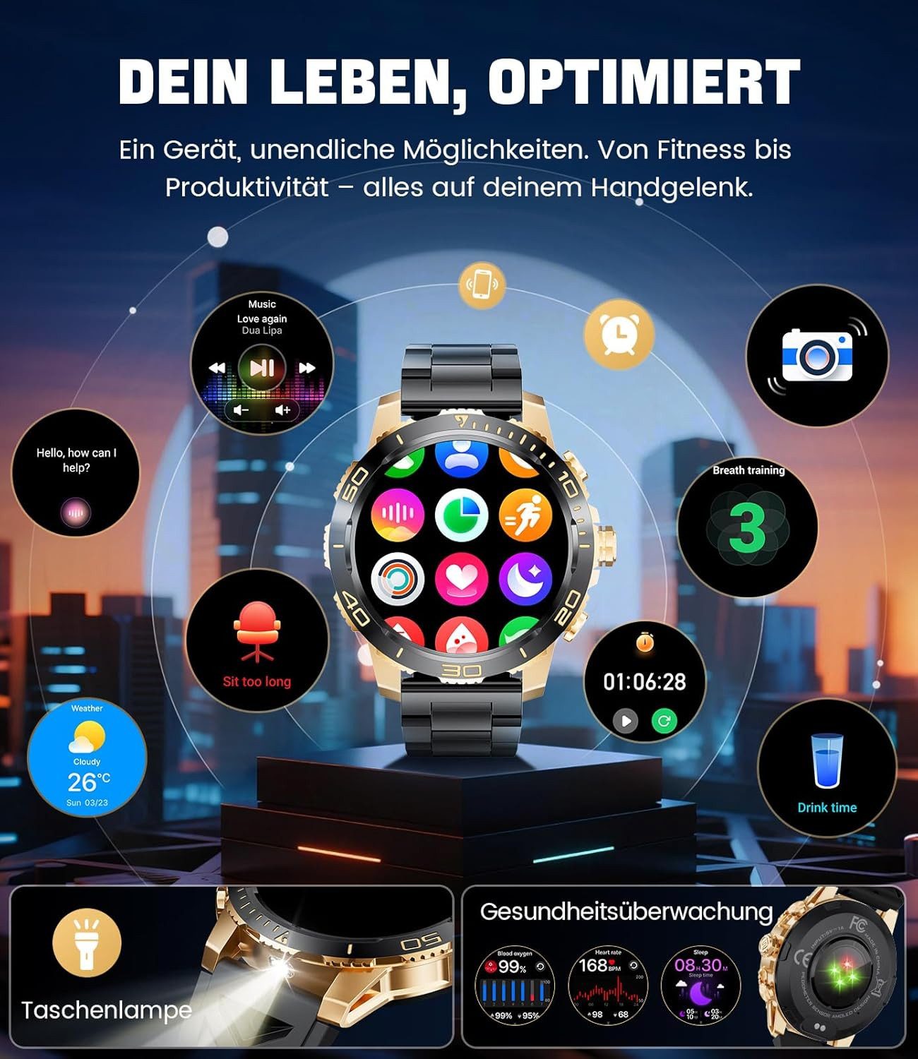 Lige Herren"s Elegante Telefonuhr mit AMOLED Display und Langzeitakku Smartwatch (3,6 cm/1,43 Zoll, Android/iOS), Luxus Zeitmesser Anruffunktion SpO2 Messung IP68