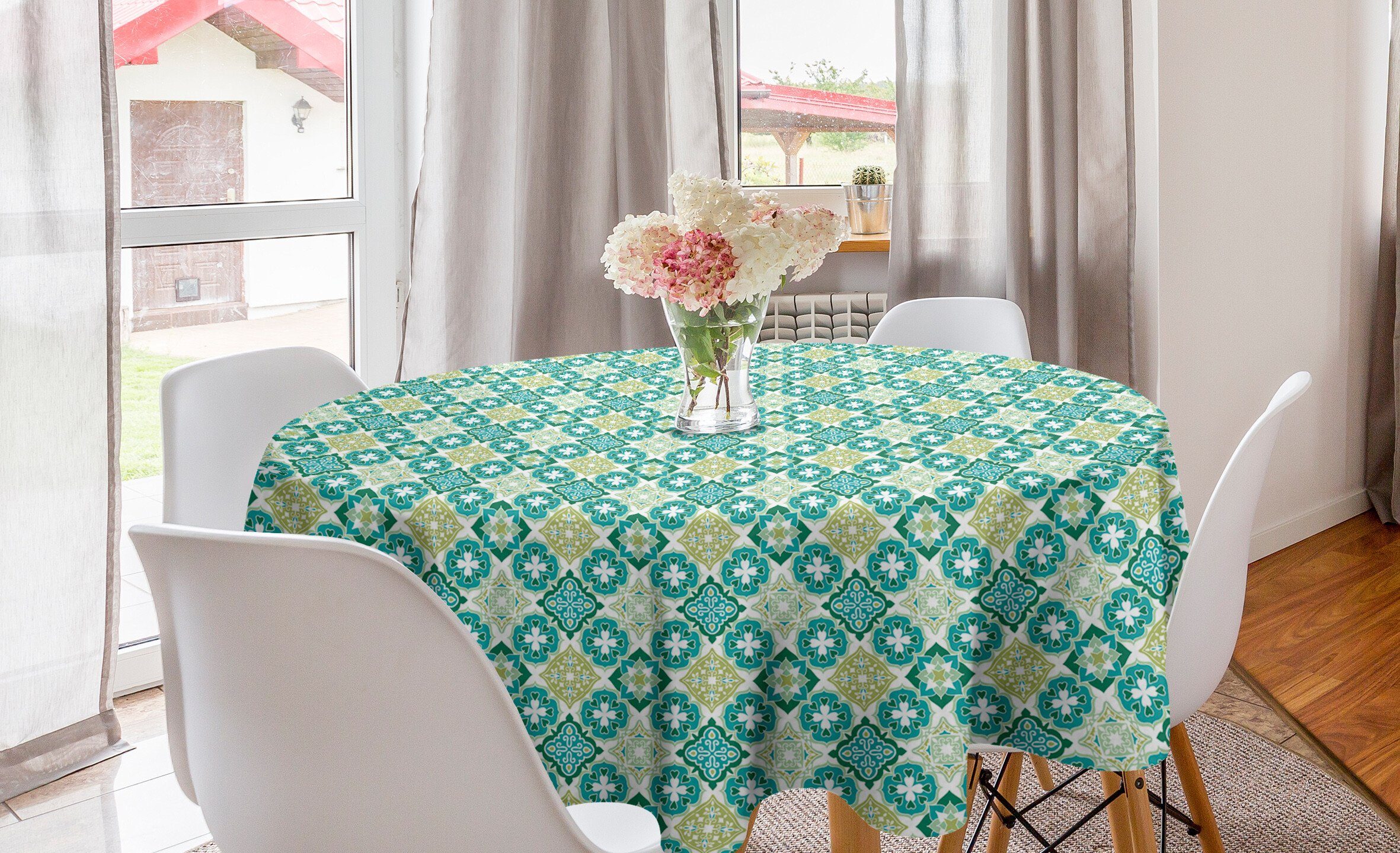 Abakuhaus Tischdecke Kreis Tischdecke Abdeckung für Esszimmer Küche Dekoration, Grün Geometrische Farbige Fliesen