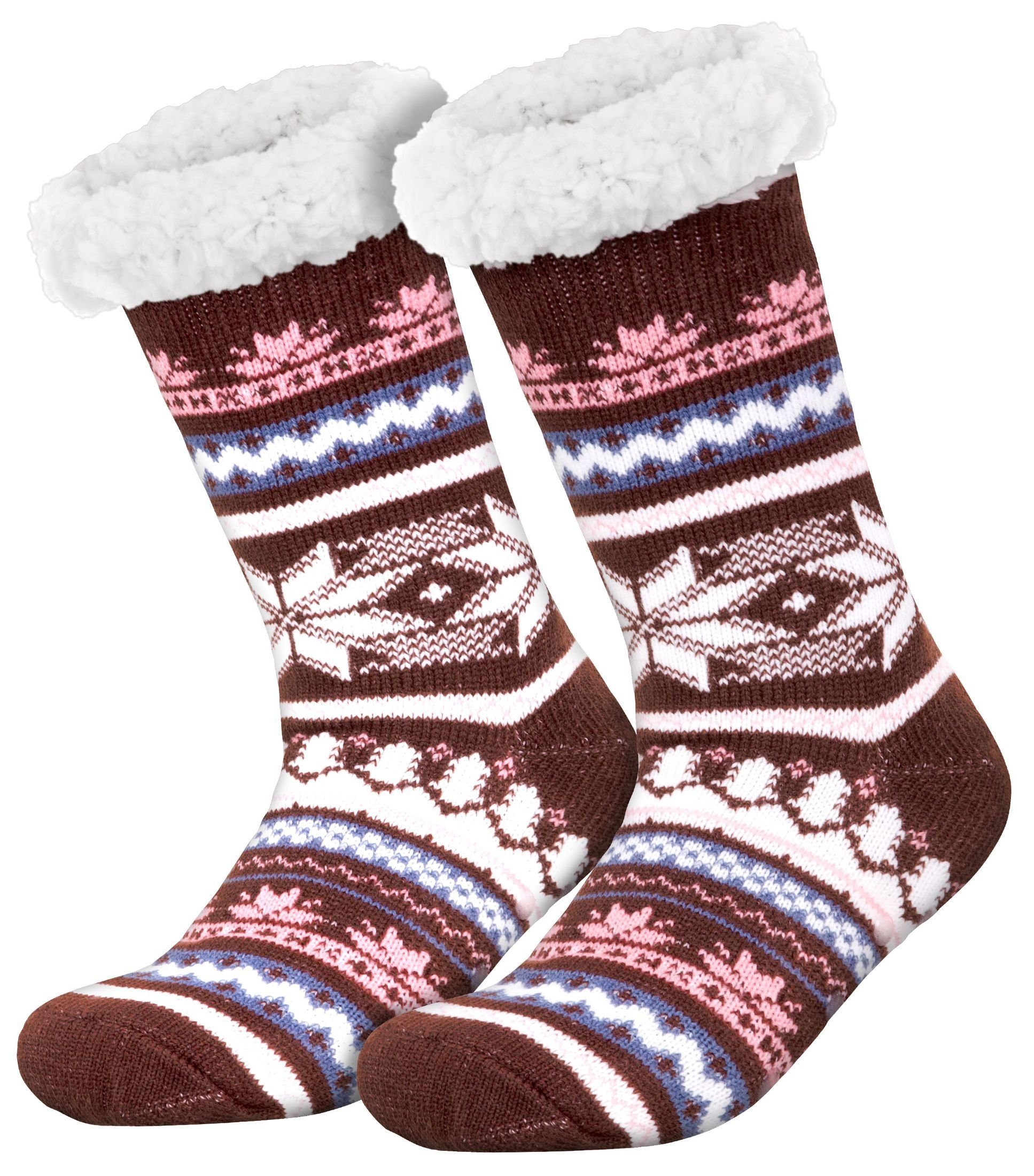 compagno Kuschelsocken Rutsch Wintersocken Schnee-Stern Damen Sohle Anti (1-Paar) Einheitsgröße Kuschelsocken Herren braun Noppensocken Socken