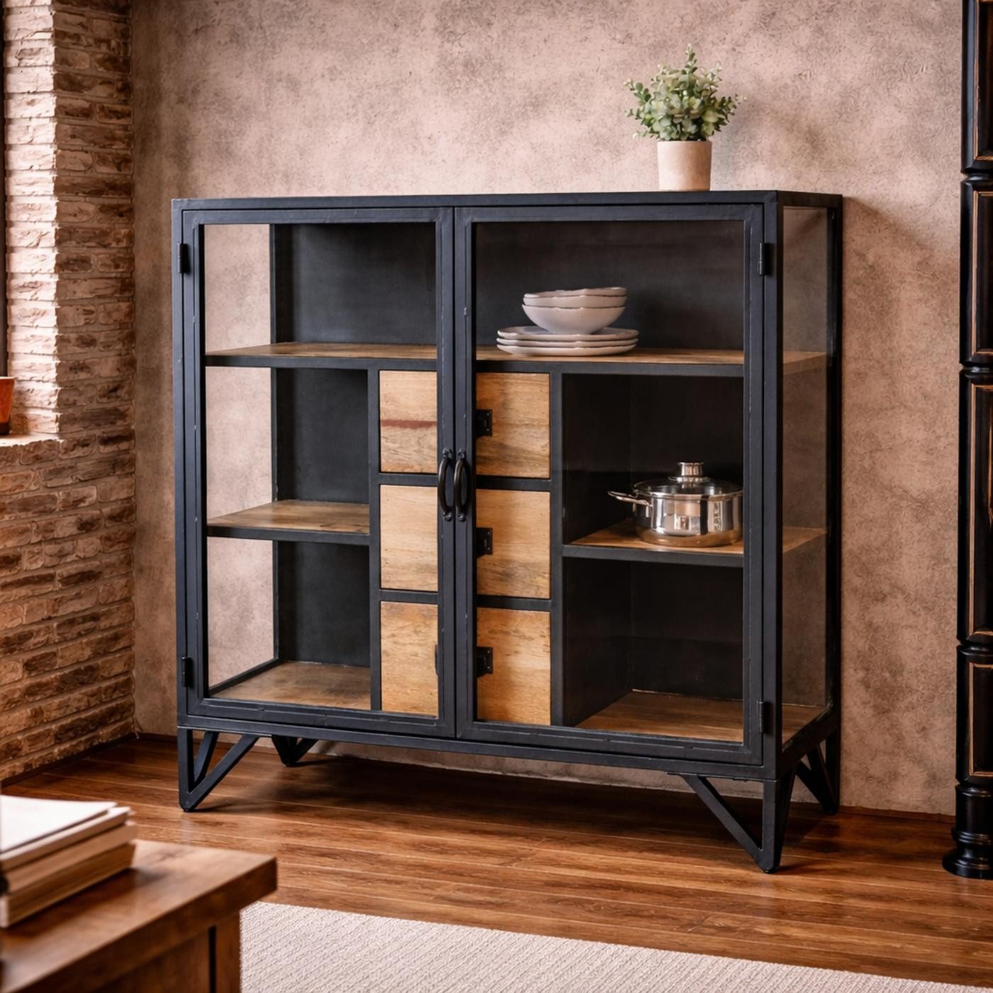 baario Kommode Kommode BARBAR Metall, schwarz Glas Industrial Style Design Highboard