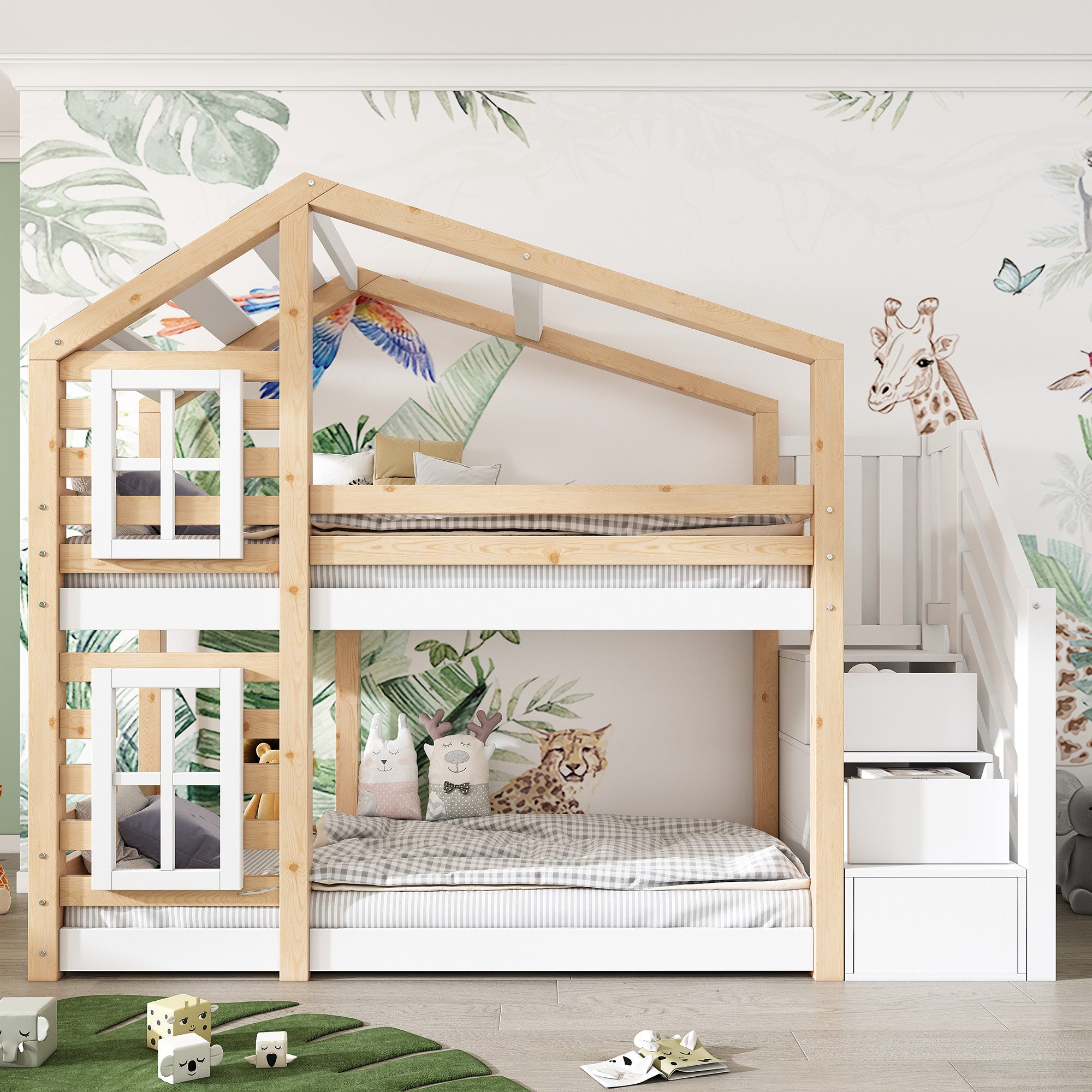 Merax Etagenbett, mit Treppen und Rausfallschutz, Kinderbett Hochbett Kiefe günstig online kaufen
