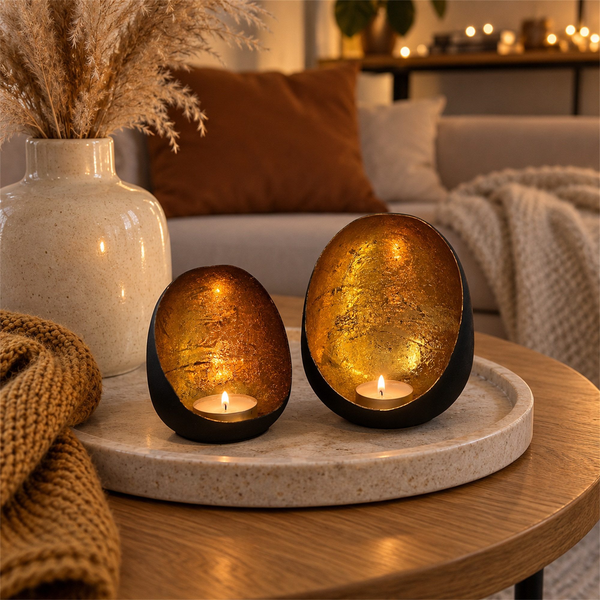 INtrenDU Teelichthalter oval aus Metall, schwarz matt, 10 und 13 cm hoch (2 St), innen goldfarben in Blattgold-Optik