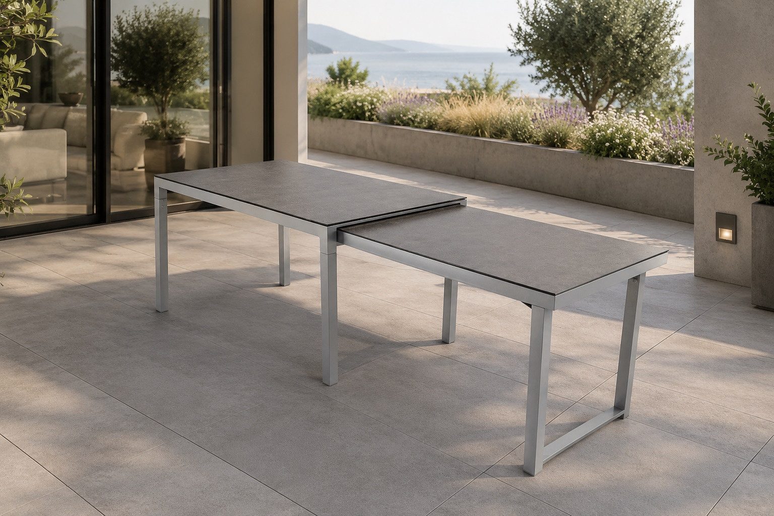 Gartentisch "Faro Silber", 160/260 x 90 cm mit Keramik Tischplatte