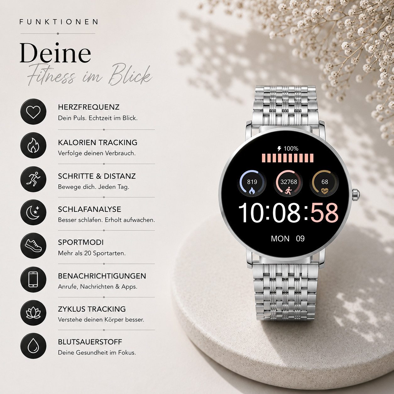 XCOAST SIONA2 ultraflache Damen Smartwatch (4,2 cm/1,3 Zoll), 1-tlg., Edelstahl, Nachrichtenempfang, Anrufanzeige, 7 Tage Akku, Blutdruck, Wasserdicht, Puls, Kalorien, AMOLED Display