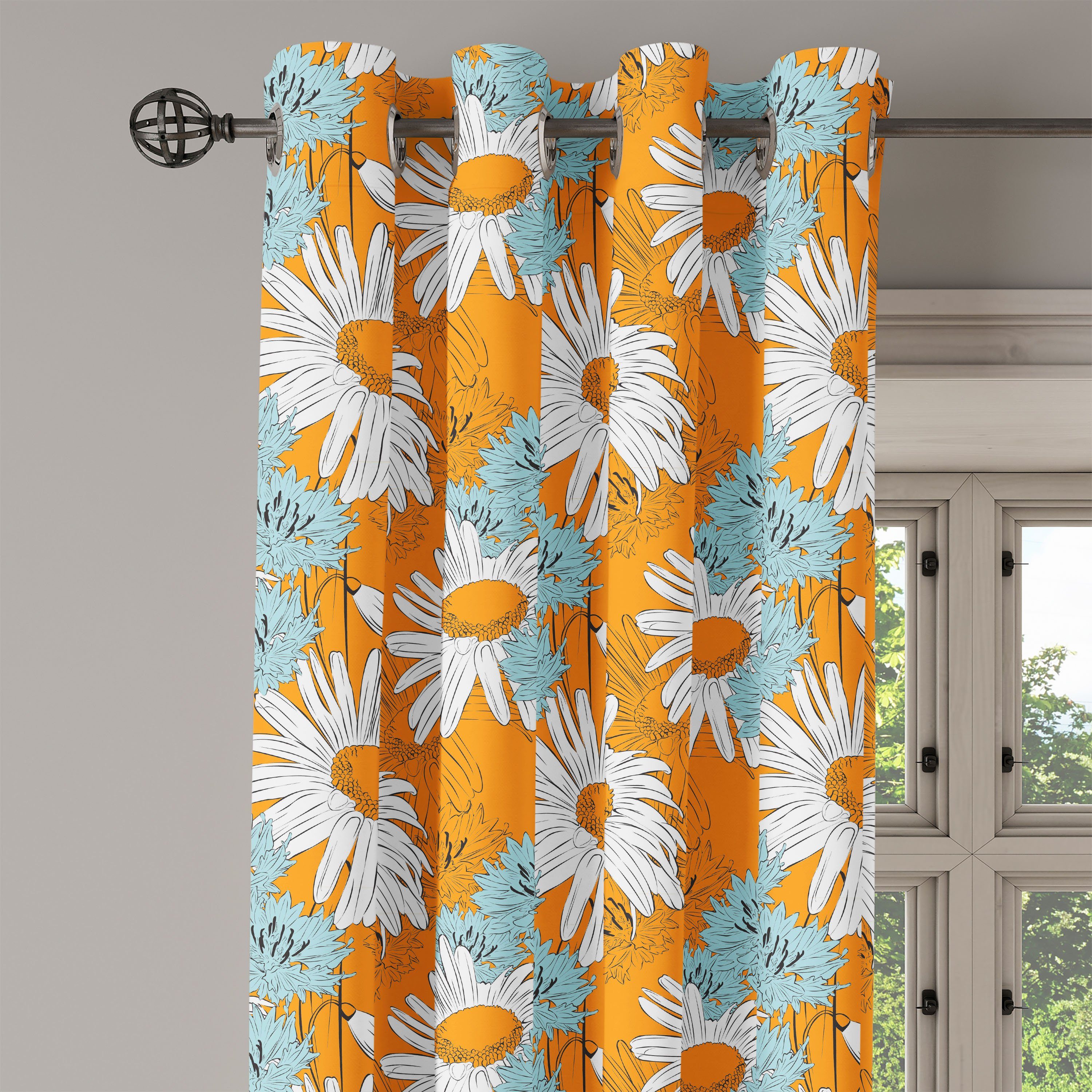 Dekorative Frühlingssaison 2-Panel-Fenstervorhänge Schlafzimmer Wohnzimmer, Gardine Abakuhaus, Gänseblümchen Orange für