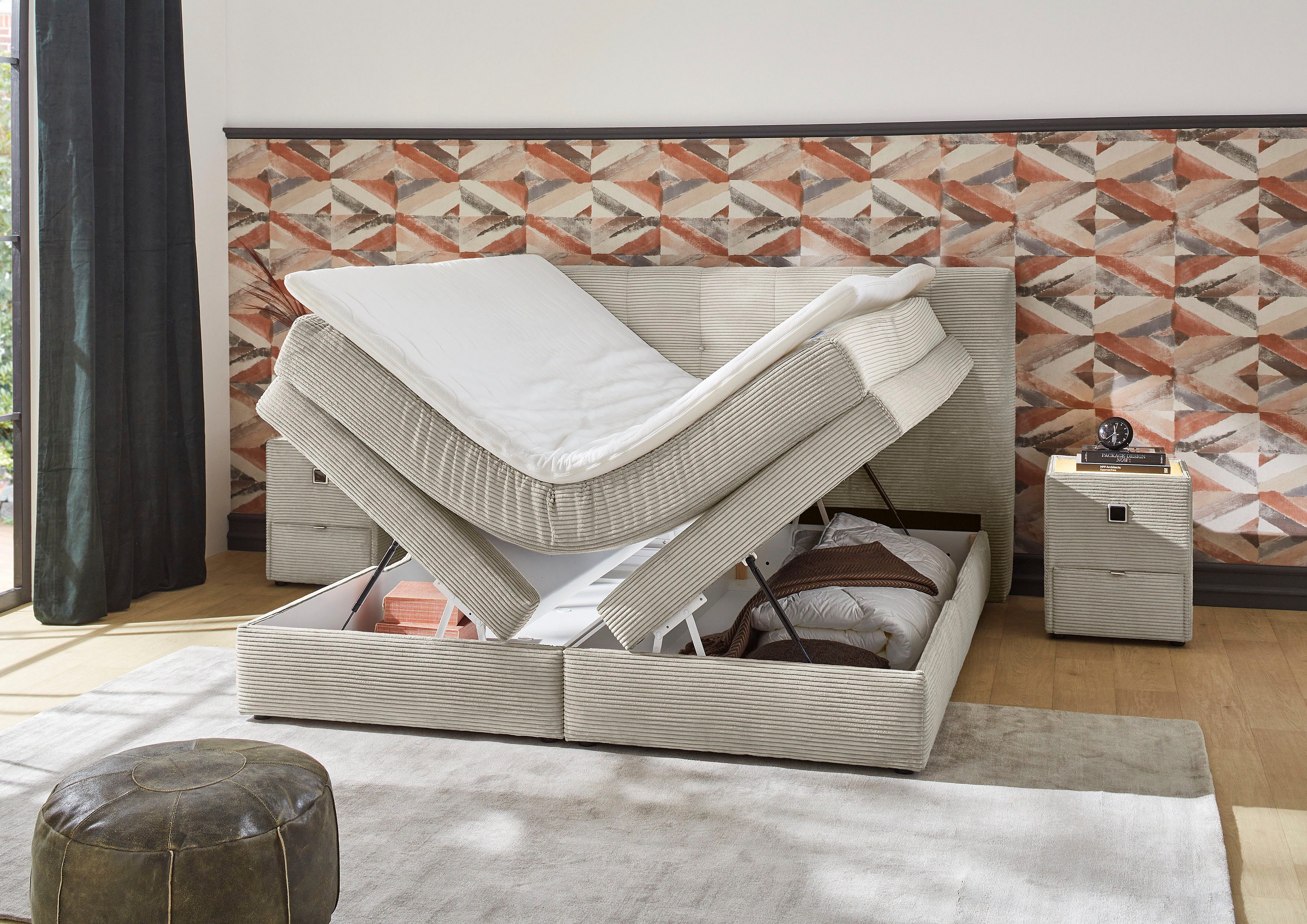 Jockenhöfer Gruppe Boxspringbett AMY in Cord, erhältlich in den Breiten 180cm & 200cm, mit Bettkasten & Kaltschaum-Topper