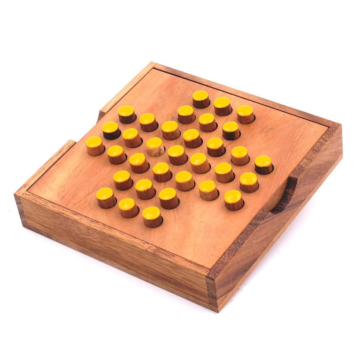 ROMBOL Denkspiele Spiel, Steckspiel Solitaire - unterhaltsamer Klassiker aus edlem Holz, Holzspiel gelb