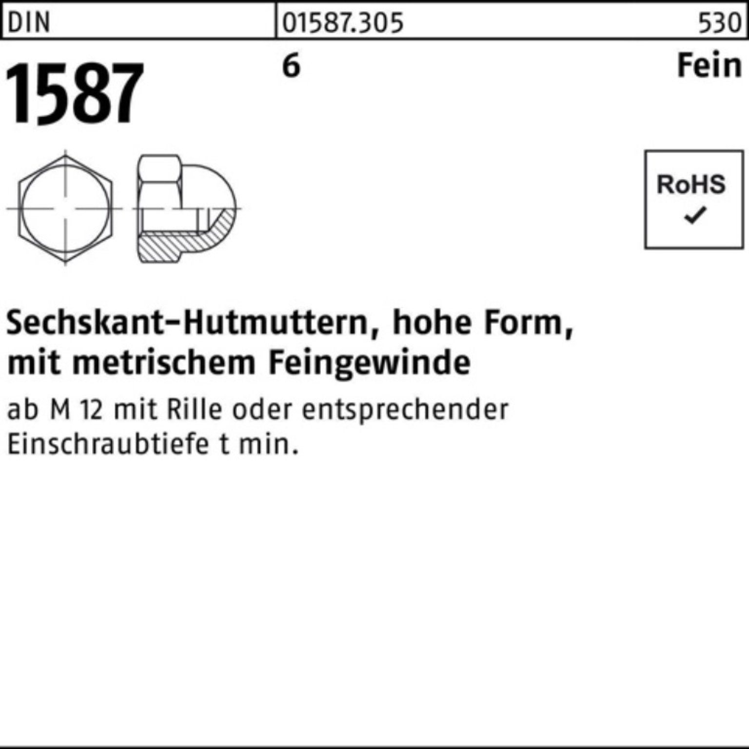 6 Sechskanthutmutter 100er DIN hohe 22 Pack Hutmutter M14x 1587 FormFeing SW 1,5 Reyher