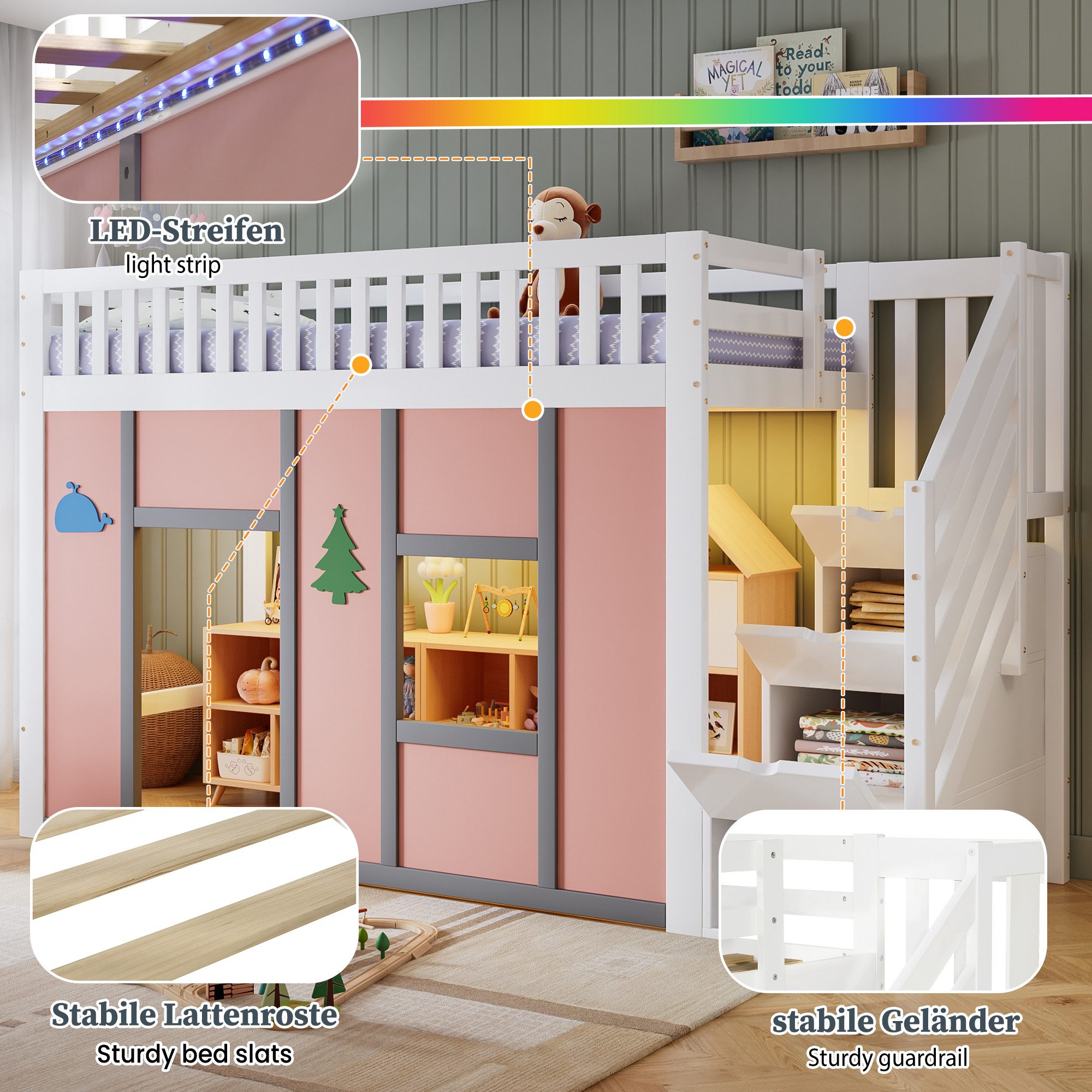 BlingBin Hochbett Kinderbett Funktionsbett Einzelbett mit Stauraumtreppe, Spielbereich (3 Packung, 1-St., Spielbett mit LED Beleuchtung,Sicherheit und Stauraum,90x200 cm) Platzsparendes,für Kinder Jugendliche,ohne Matratze