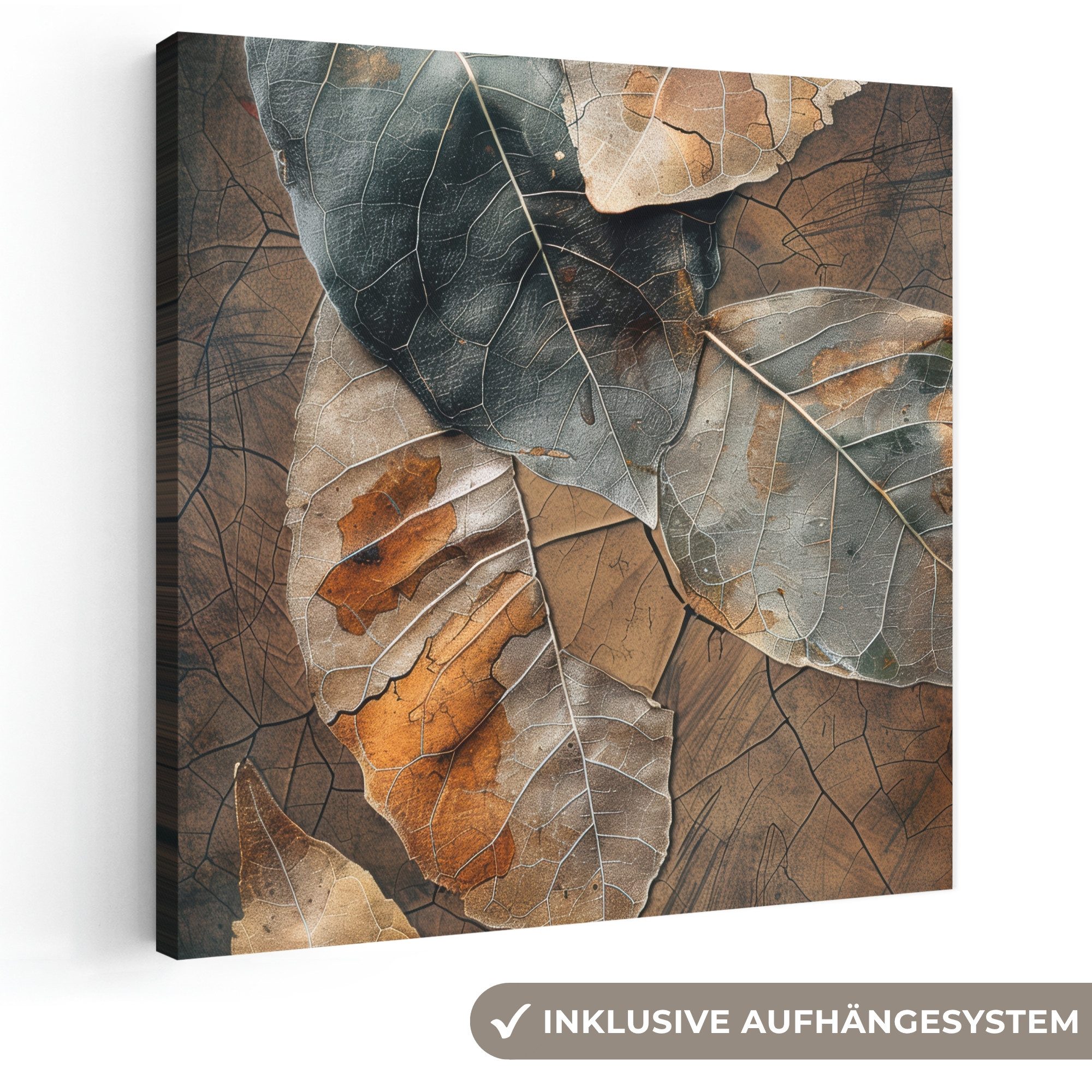 OneMillionCanvasses® Leinwandbild Blätter - Braun - Herbst - Natur, Fotodruck (1 St), Wandbild, Deko Schlafzimmer Wohnzimmer Flur 20x20 cm