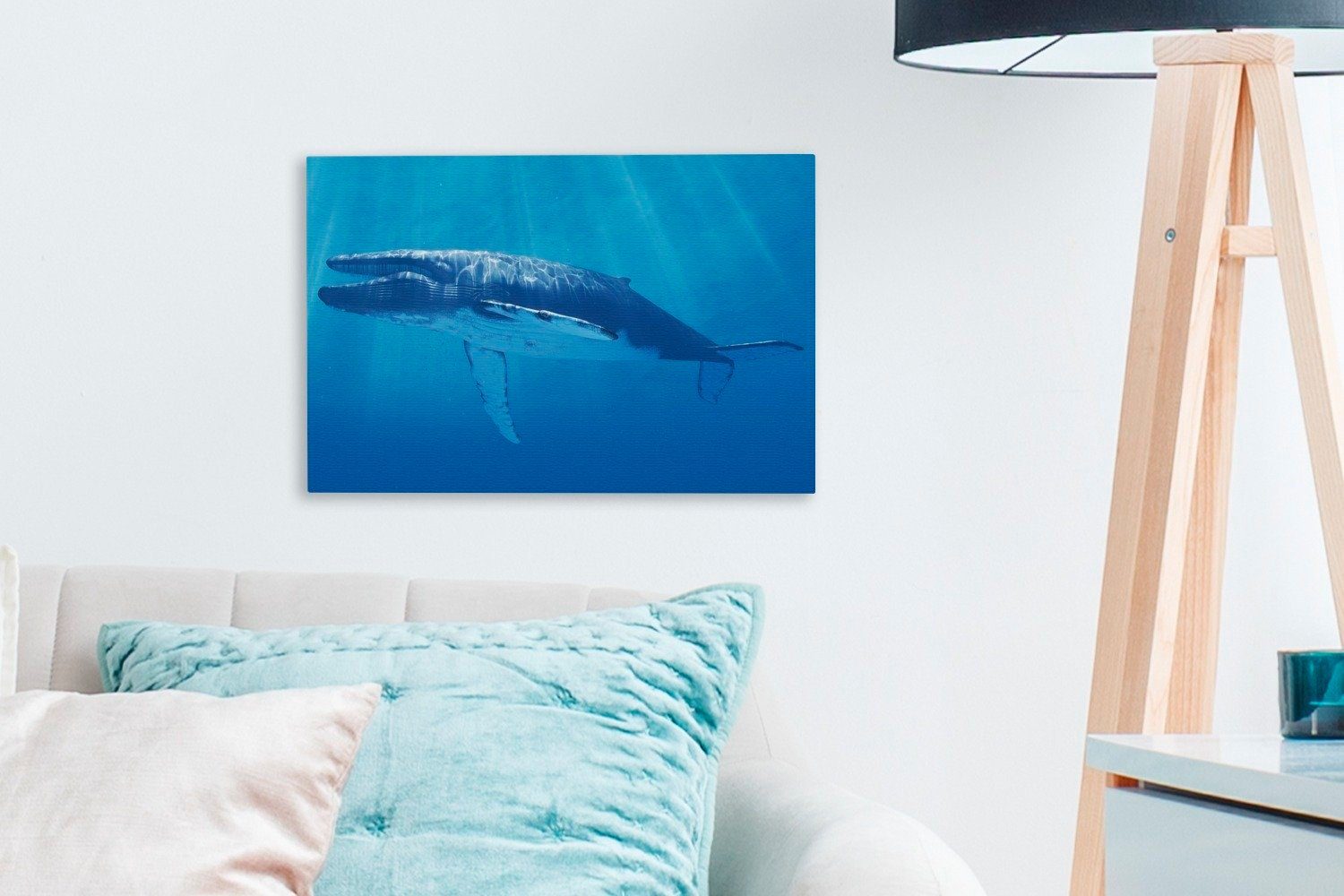 Leinwandbilder, Blauwals cm Eine Illustration Aufhängefertig, Leinwandbild Wandbild unter OneMillionCanvasses® Wanddeko, eines Wasser, (1 St), tief 30x20