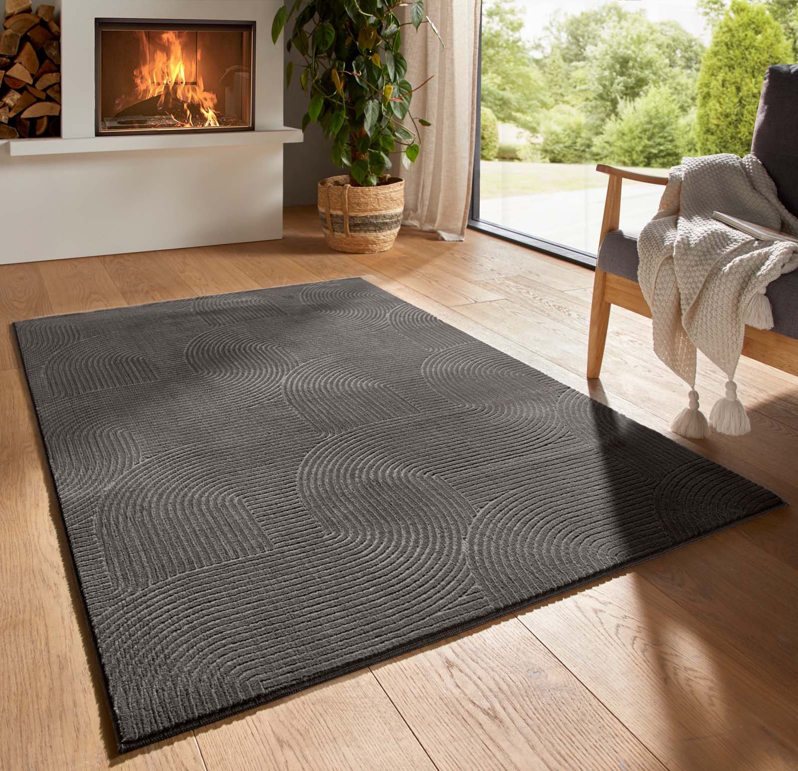 TaraCarpet Teppich TaraCarpet Homestyle 390 Wellen, rechteckig, Höhe: 10 mm, Felloptik hoch-tief waschbar Welle anthrazit 50x80