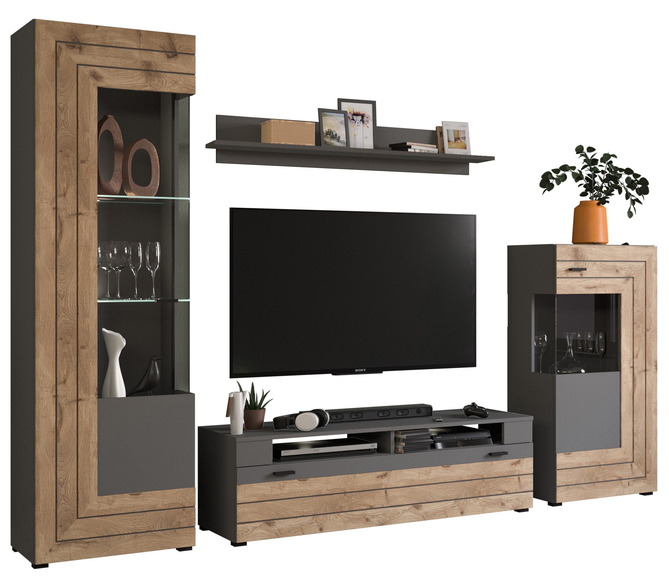 Newroom Wohnwand Dione, Wohnwand Grau Schrankwand Anbauwand Industrial Modern Wohnzimmer Sc...