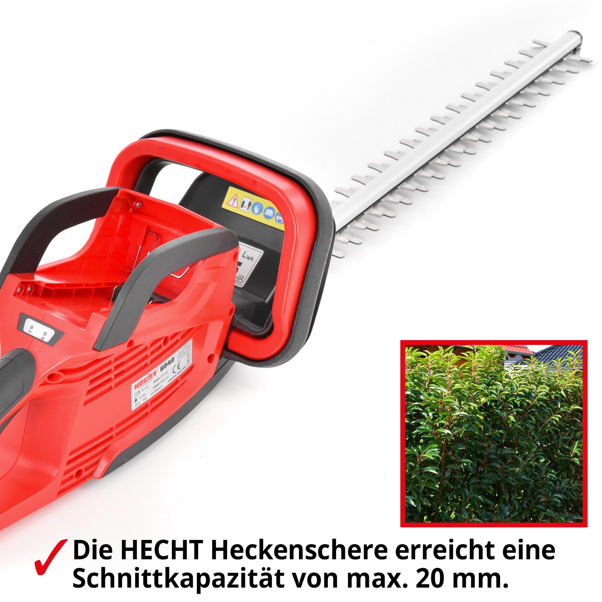 Hecht Akku-Heckenschere 40V 2,5Ah, 55 cm Schnittlänge, Diamant geschliffene Messer, 1400 osc/min, 20 mm Schnittkapazität