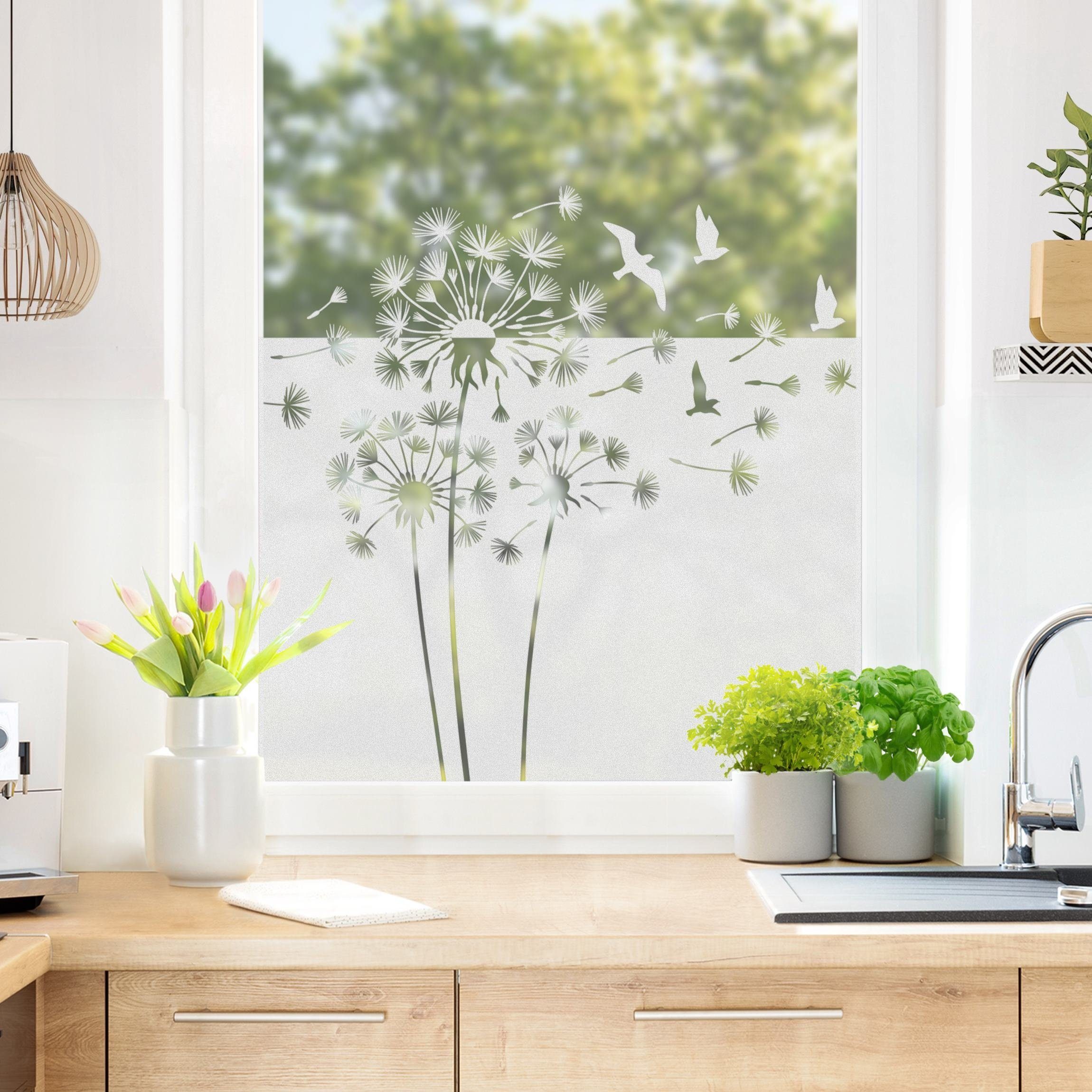 Bilderdepot24 Fensterfolie statisch haftend Motiv Fensterdeko Pusteblumen Vögel Bordüre Tiere, blickdicht, Innen Fenster Tür Balkontür Küche Badezimmer Wohnzimm – Bild 4 von 5