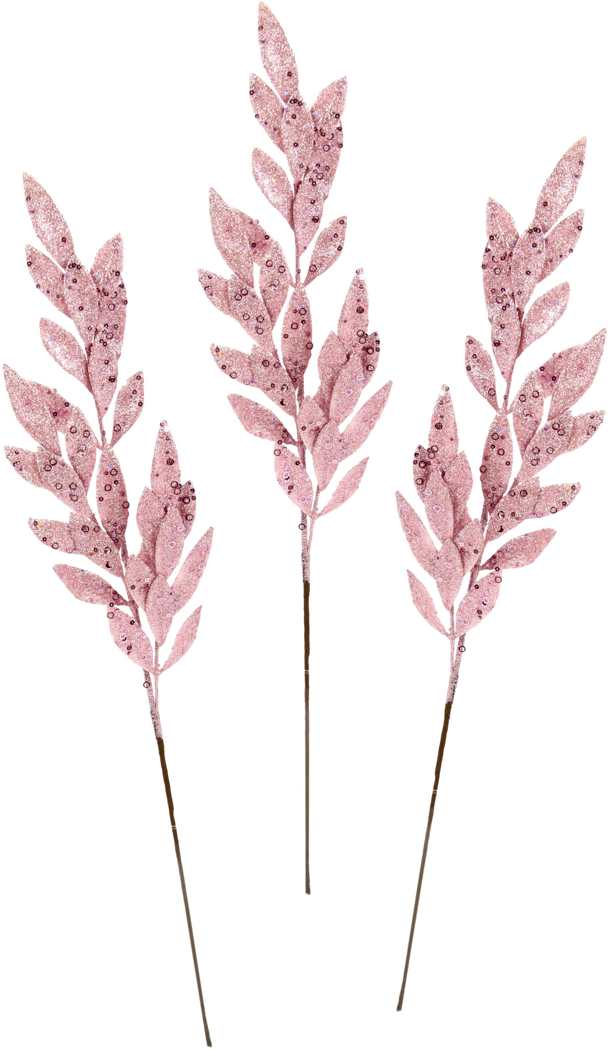 Winterliche Kunstpflanze Kunstzweig, künstlicher Weihnachtszweig Blattzweig, I.GE.A., Höhe 78 cm, mit Glitzer und Dekosteinen, 3er Set, Weihnachtsdeko