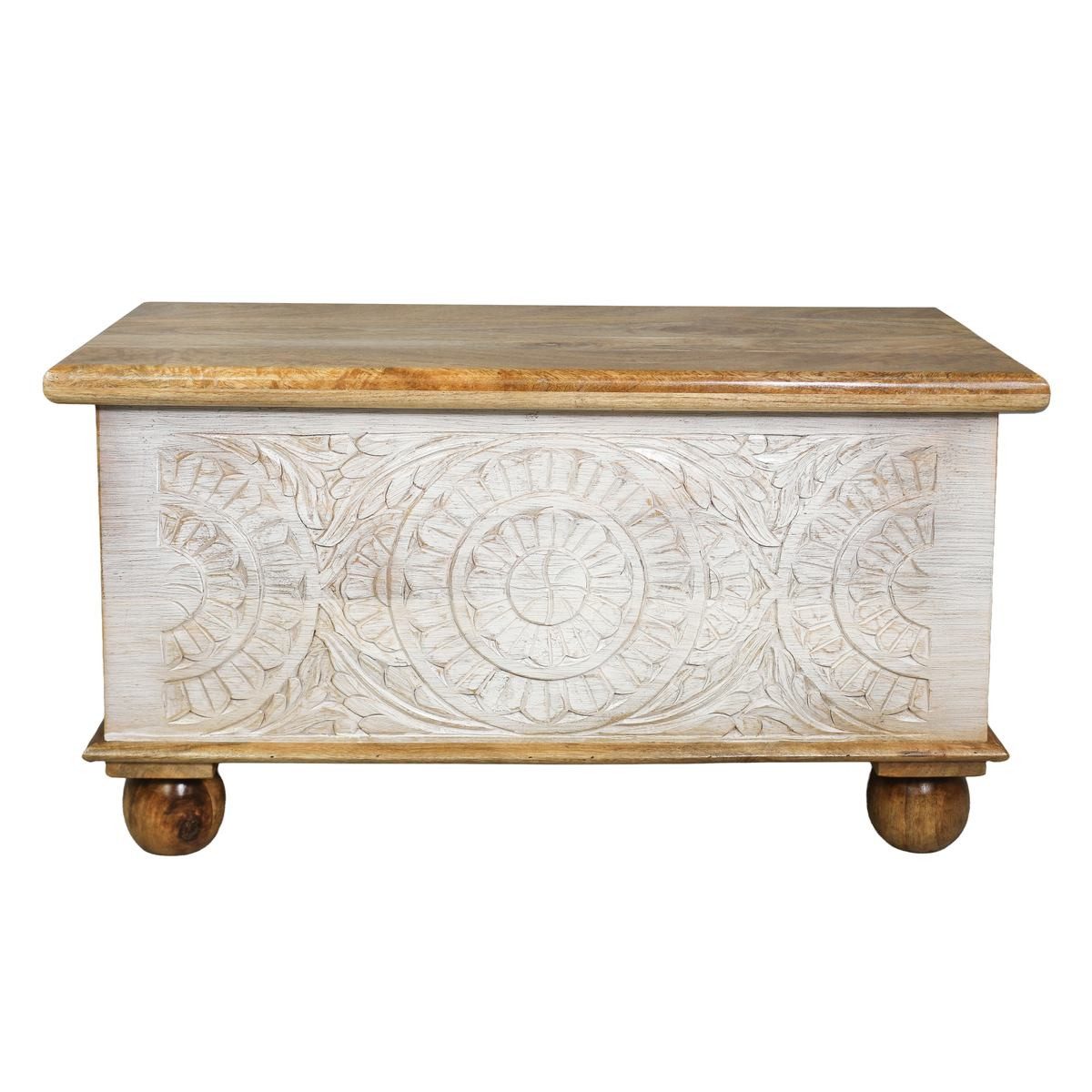 Oriental Galerie Truhe Indische Truhe Schnitzerei natur weiß 80 cm, Holztruhe, Couchtisch, Shabby Chic