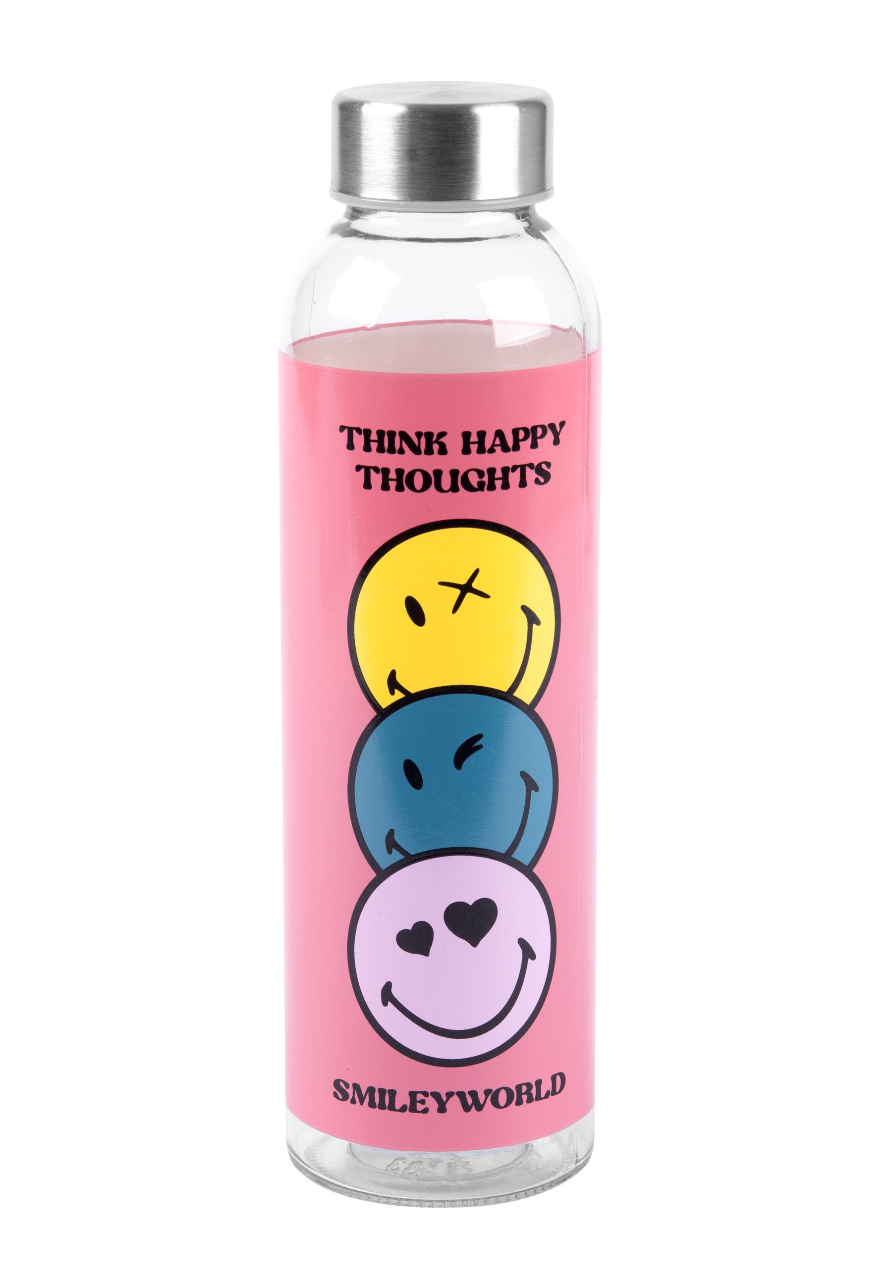 United Labels® Trinkflasche Smileyworld Flasche aus Glas Wasserflasche 500 ml pink