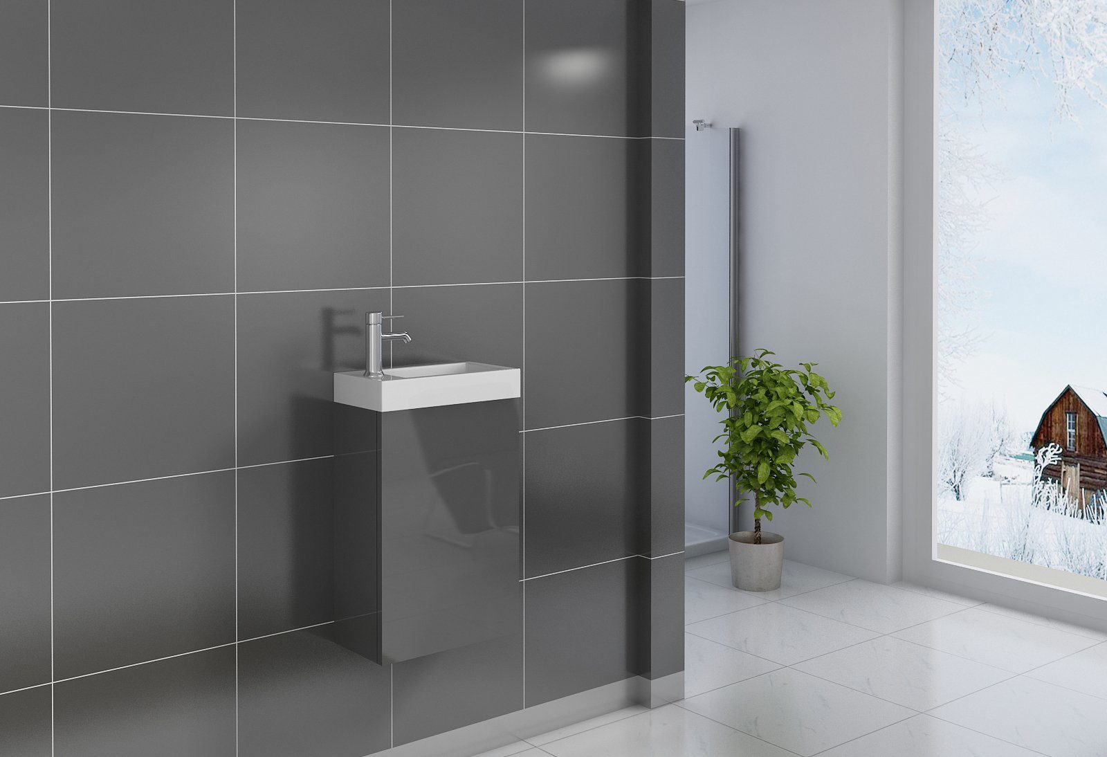 Junado® Waschbecken Vega, hochglanzoptik in grau, Breite 40cm, Waschplatz für kleine Badezimmer, zeitloses elegantes Design