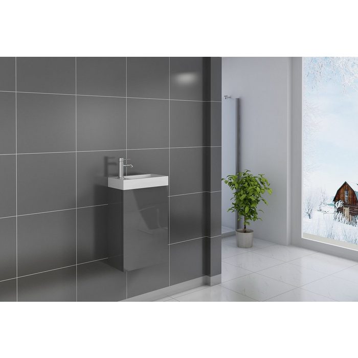 Junado® Waschbecken Vega hochglanzoptik in grau Breite 40cm Waschplatz für kleine Badezimmer zeitloses elegantes Design