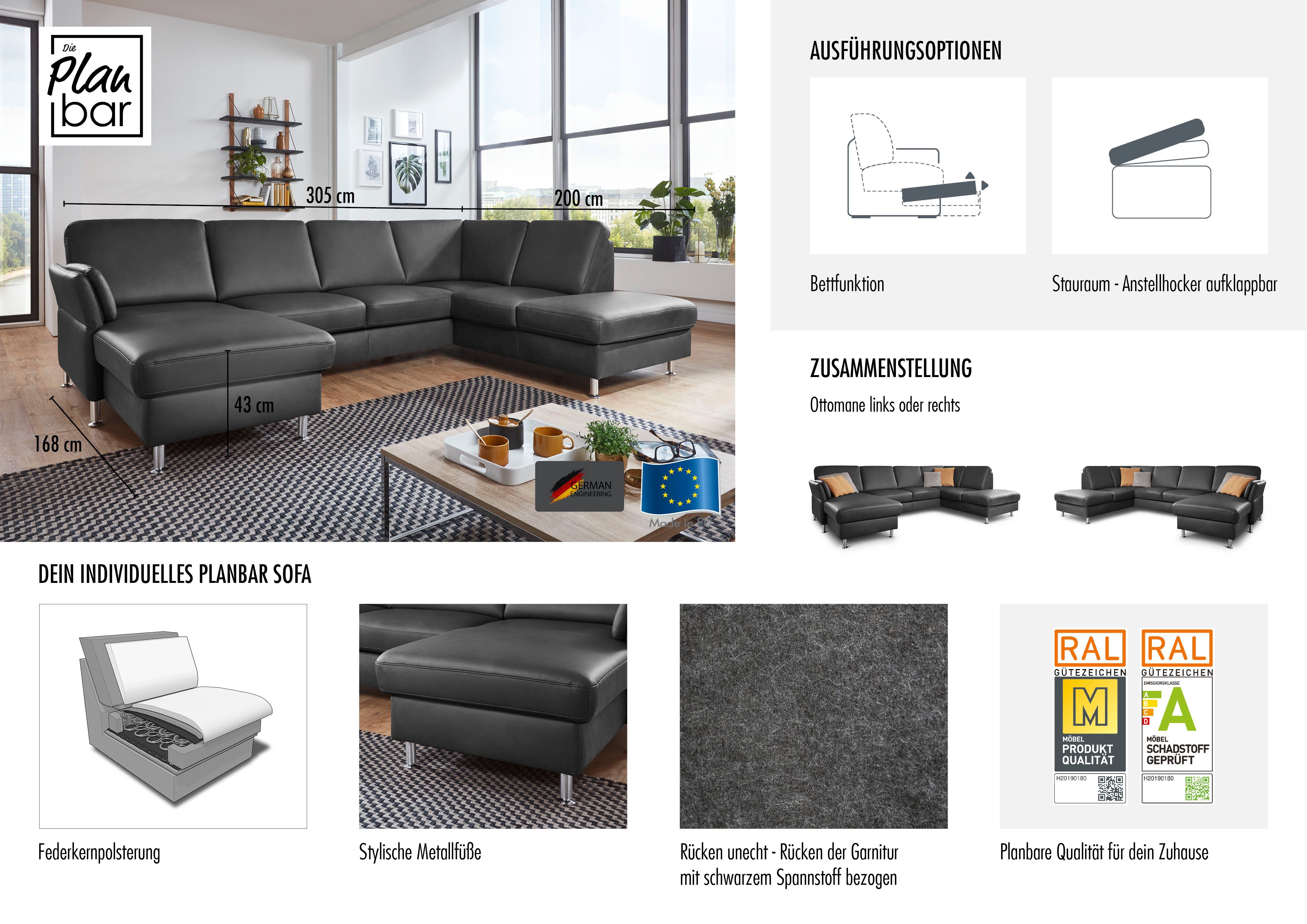 Die PlanBar Wohnlandschaft PN-EM18013 U-Form, ohne Kopfstützen, wahlweise mit Bettfunktion und Stauraum