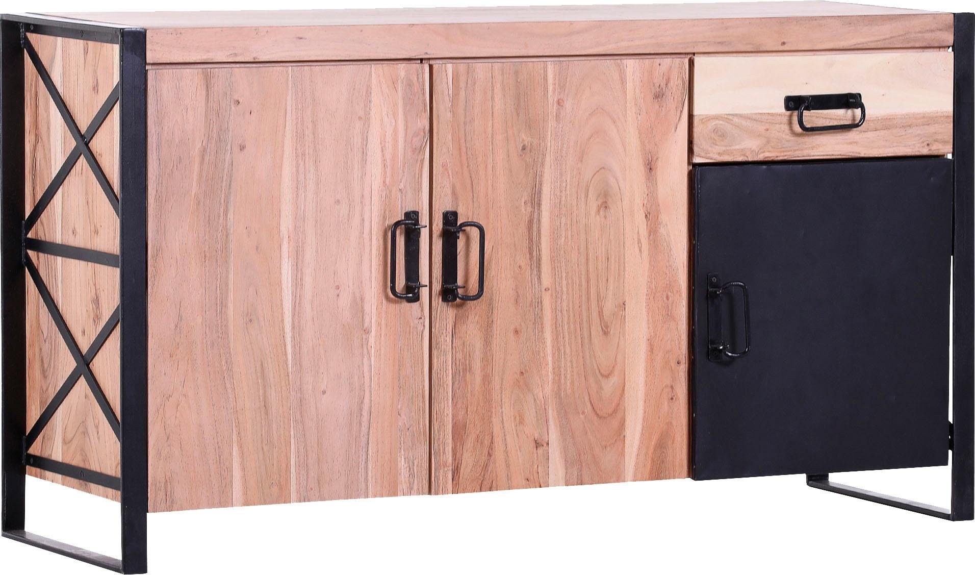 Gutmann Factory Sideboard Downtown, Kommode aus massivem Akazienholz mit Metallrahmen, Breite 150 cm