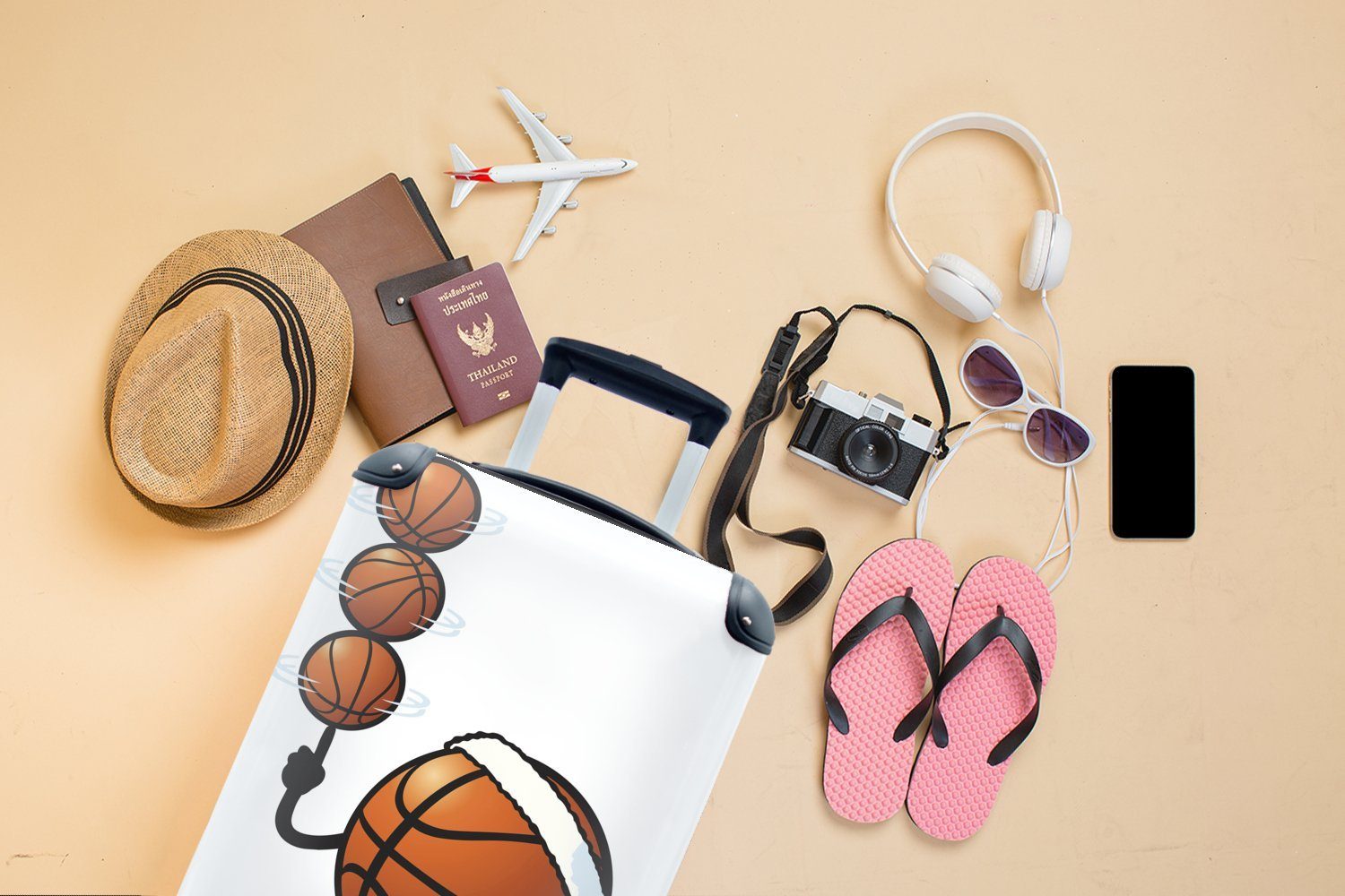 Handgepäckkoffer Rollen, MuchoWow Illustration rollen, Trolley, Bällen, für Ferien, 4 Basketballfigur einer Handgepäck Eine mehreren Reisekoffer Reisetasche mit mit