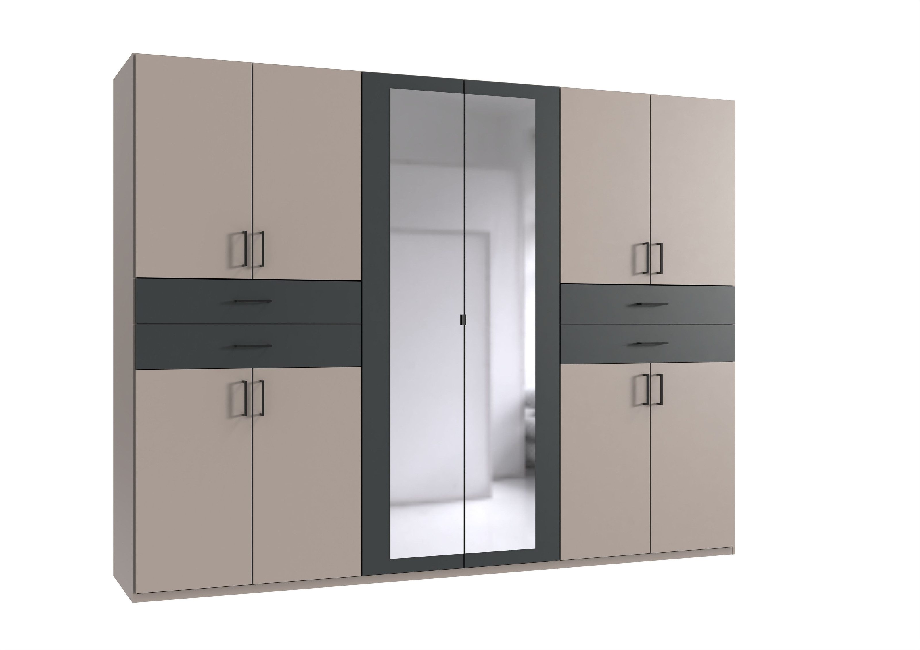 freiraum Drehtürenschrank Taiga 4 Schübe, 10 Türen, Spiegel, Saharagrau / Graphit - 270x208x58cm BxHxT