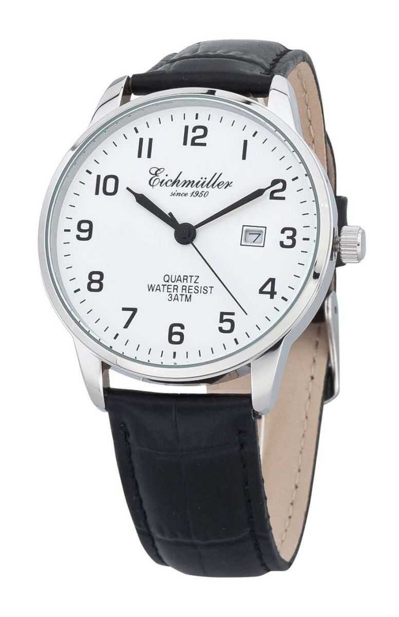 Eichmüller Quarzuhr Herrenuhr schwarz-weiß, elegantes Lederarmband, Metallgehäuse, 40 mm 7030-05