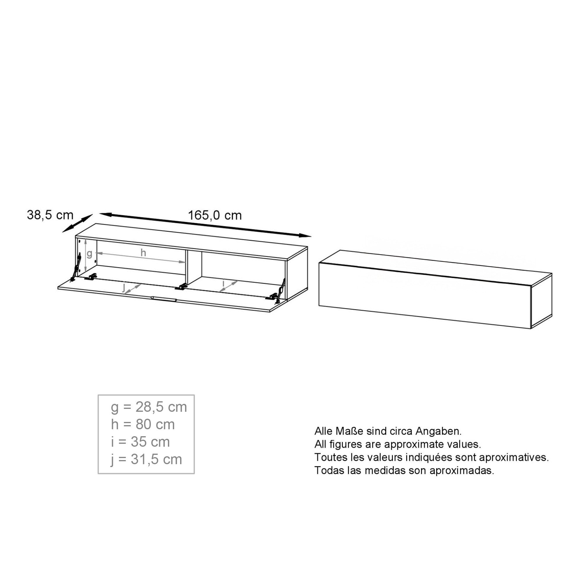 InnoFurn Lowboard Lia hängendes Tv-Board (hängender Fernsehschrank, Weiß matt/Weiß Hochglanz (38,5 x 165 x 30 cm), hängendes Tv-Board, Moderner Fernsehschrank 1 – Bild 4 von 5
