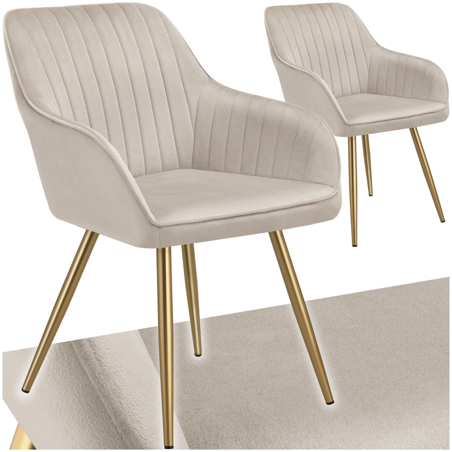 tectake Esszimmerstuhl Polstersessel gepolstert, in Samtoptik, gesteppt, 58 x 62 x 82 cm (Küchenstuhl Marilyn in taupe/gold, 2 St), schlanke, goldene Stahlbeine, bodenschonend, Belastbarkeit 120 kg