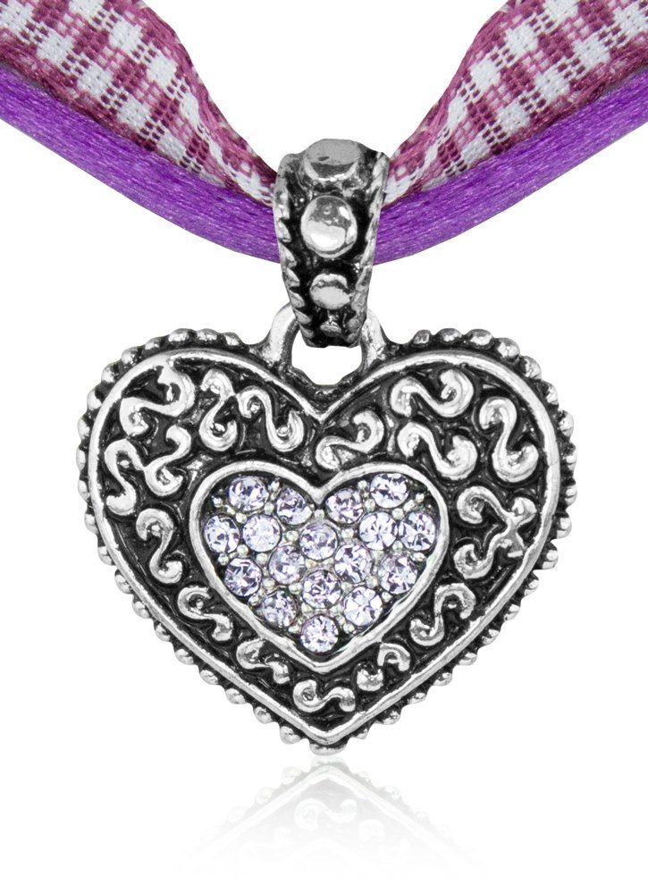 LUISIA® Herzkette LUISIA® Kinder Trachten Halskette kariert mit Herz Anhänger Lavendel