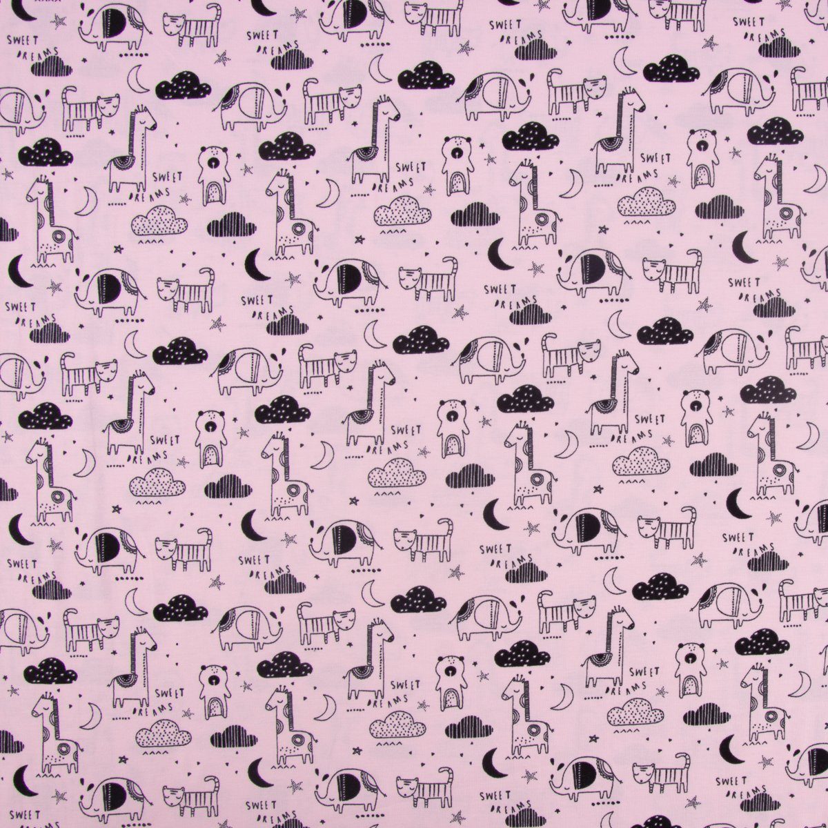 Stoff Baumwolljersey Jersey Tiere Elefant Giraffe Bär rosa schwarz 1,45m