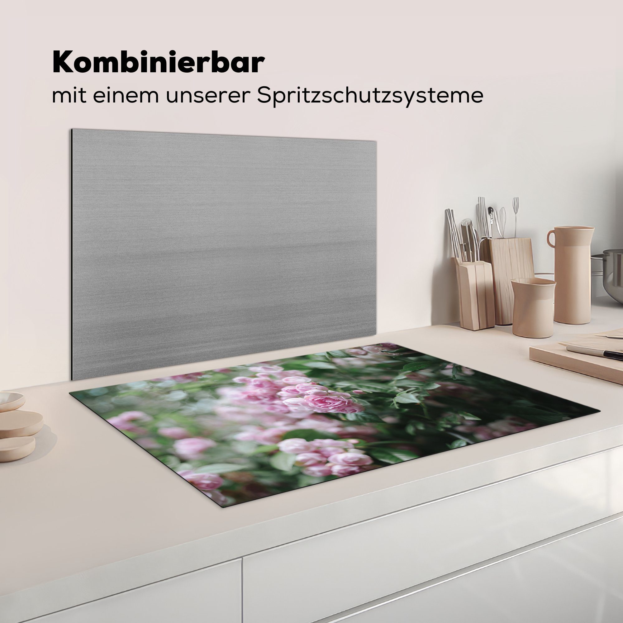 Schutz Rosa - 81x52 Ceranfeldabdeckung (1 Vinyl, MuchoWow Kletterrose cm, für - Blatt, küche, Herdblende-/Abdeckplatte die Induktionskochfeld tlg),