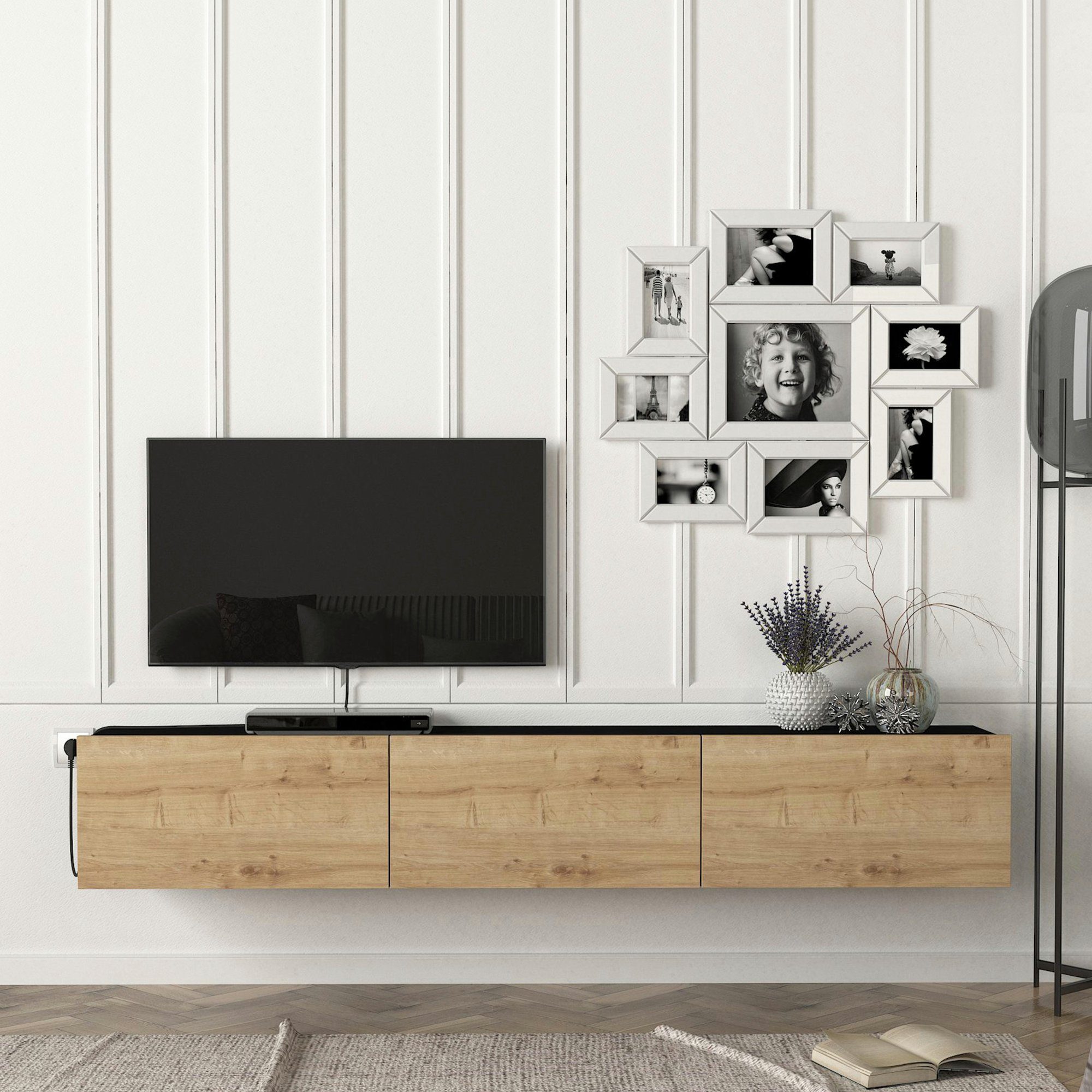 en.casa TV-Schrank »Vihti« Fernsehschrank 180x31x29,5cm Eiche/Schwarz günstig online kaufen