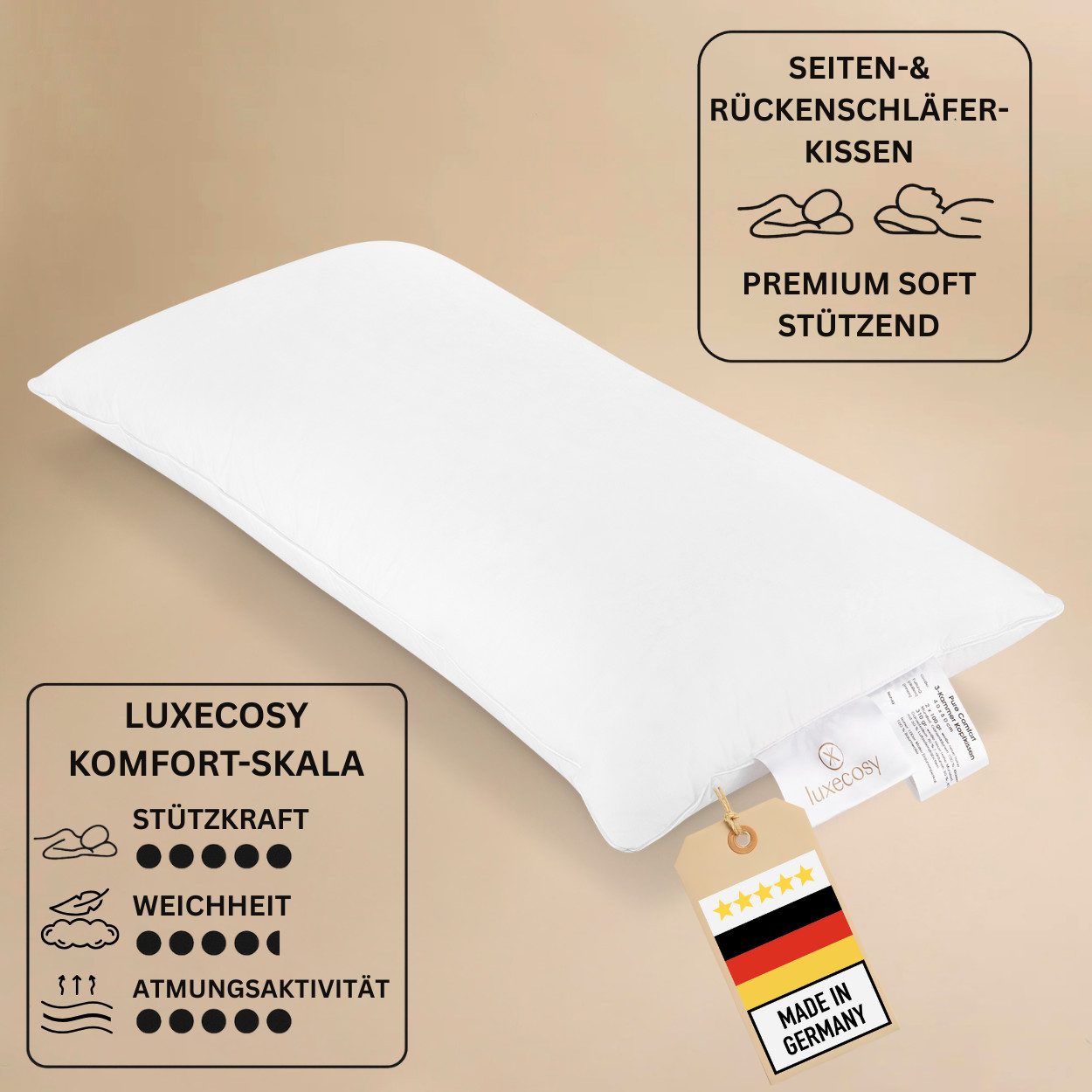 LuxeCosy GmbH 3-Kammer-Kopfkissen Pure 3-Kammer Gänse-Daunenkissen, Füllung: Außen: 100% Gänsedaune Innen: 70% Federn / 30% Daunen, Seitenschläfer, Mischschläfer, Rückenschläfer, 3-Kammer Kissen