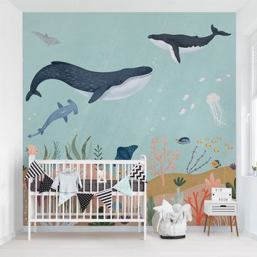 Bilderdepot24 Kindertapete Unterwasserwelt Korallenriff Aquarell Natur Landschaft Tiere blau, Glatt, Matt, (Inklusive Gratis-Kleister oder selbstklebend), Mädchenzimmer Jungenzimmer Babyzimmer Bildtapete Fototapete Wandtapete