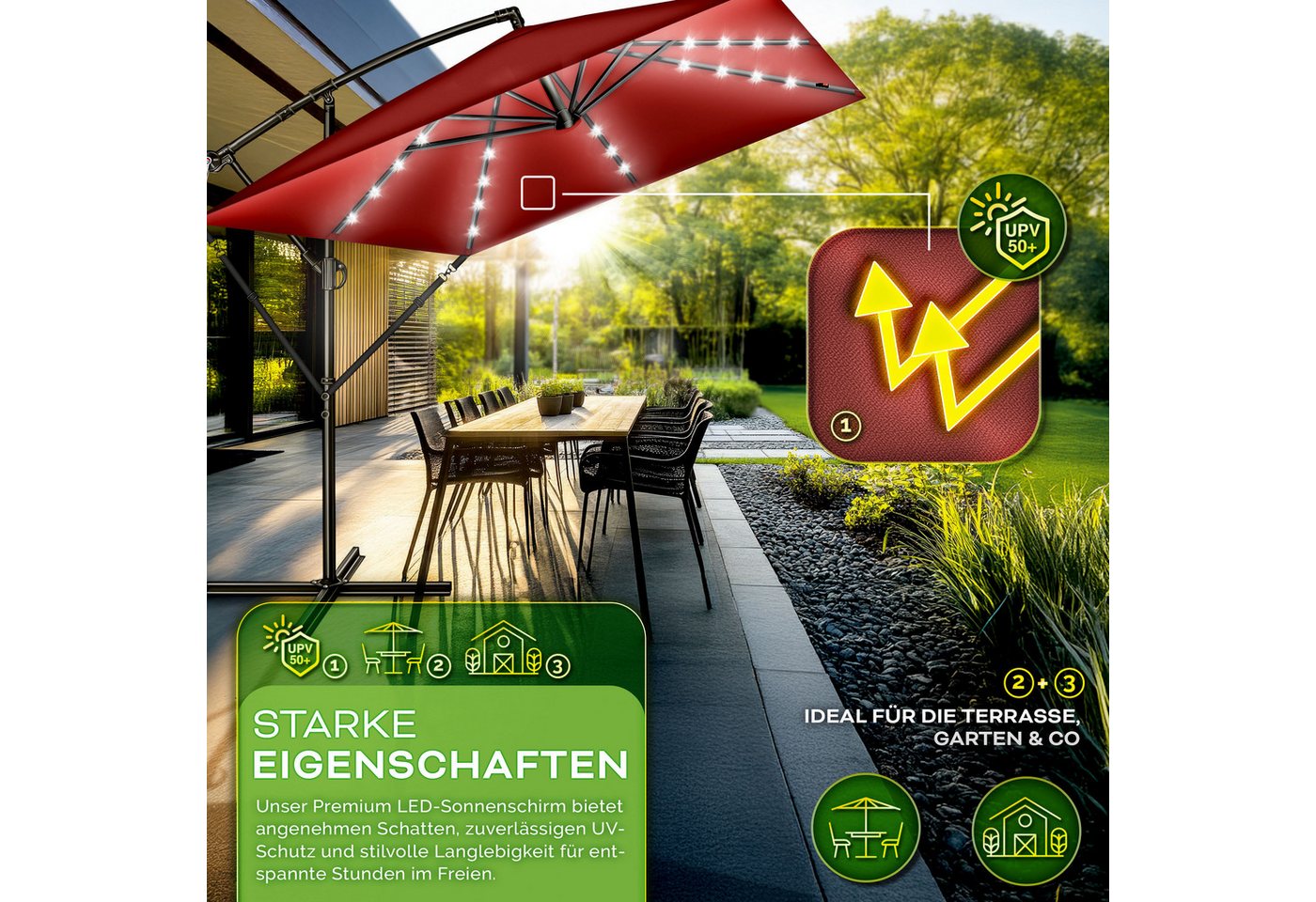 Thumbnail - tillvex Sonnenschirm tillvex® Sonnenschirm LED Solar 235 x 235 cm Ampelschirm Gartenschirm, Kurbelschirm Marktschirm was...