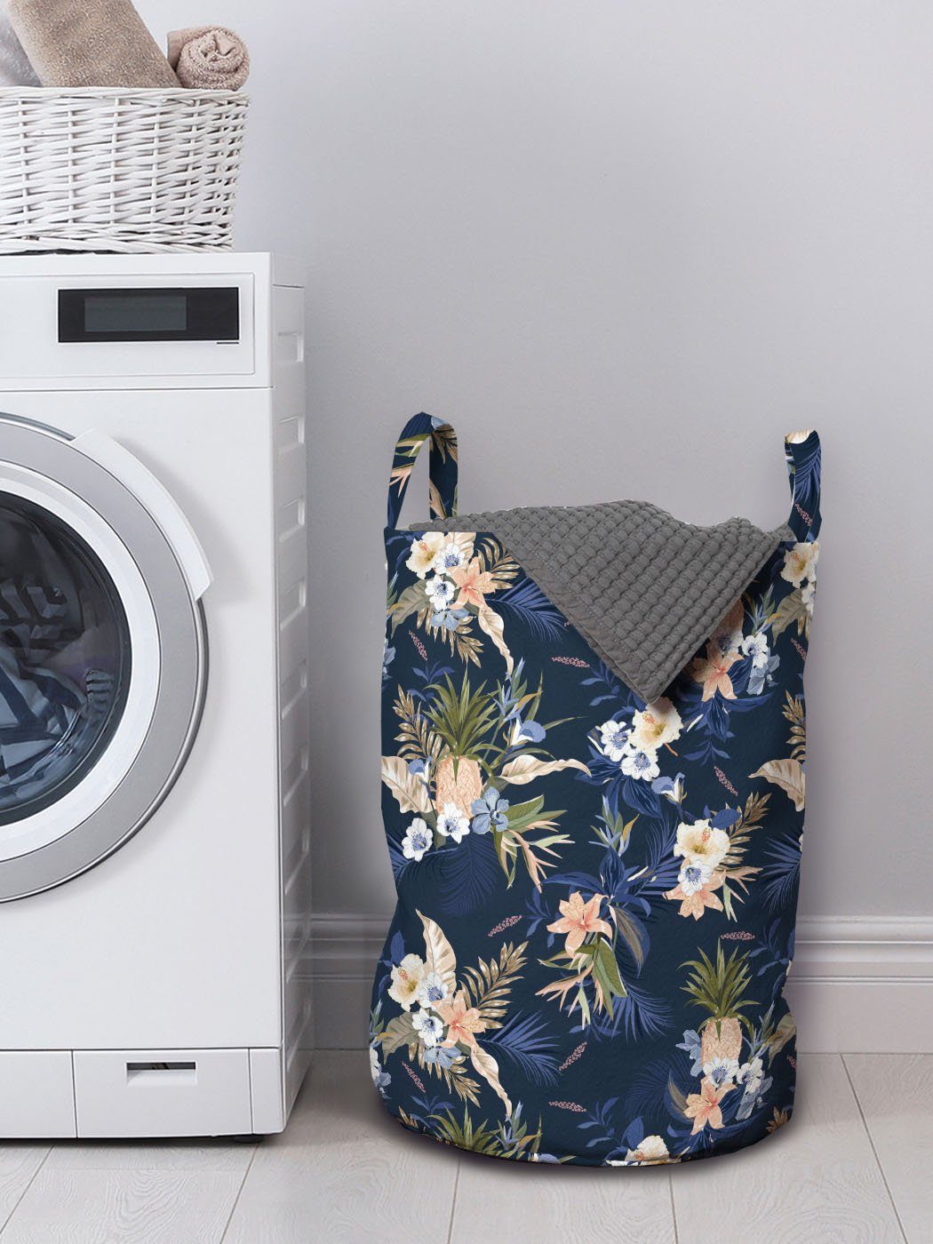 Abakuhaus Wäschesäckchen Wäschekorb Navy blau Griffen Waschsalons, Kordelzugverschluss und Exotische Pflanzen Laub für mit