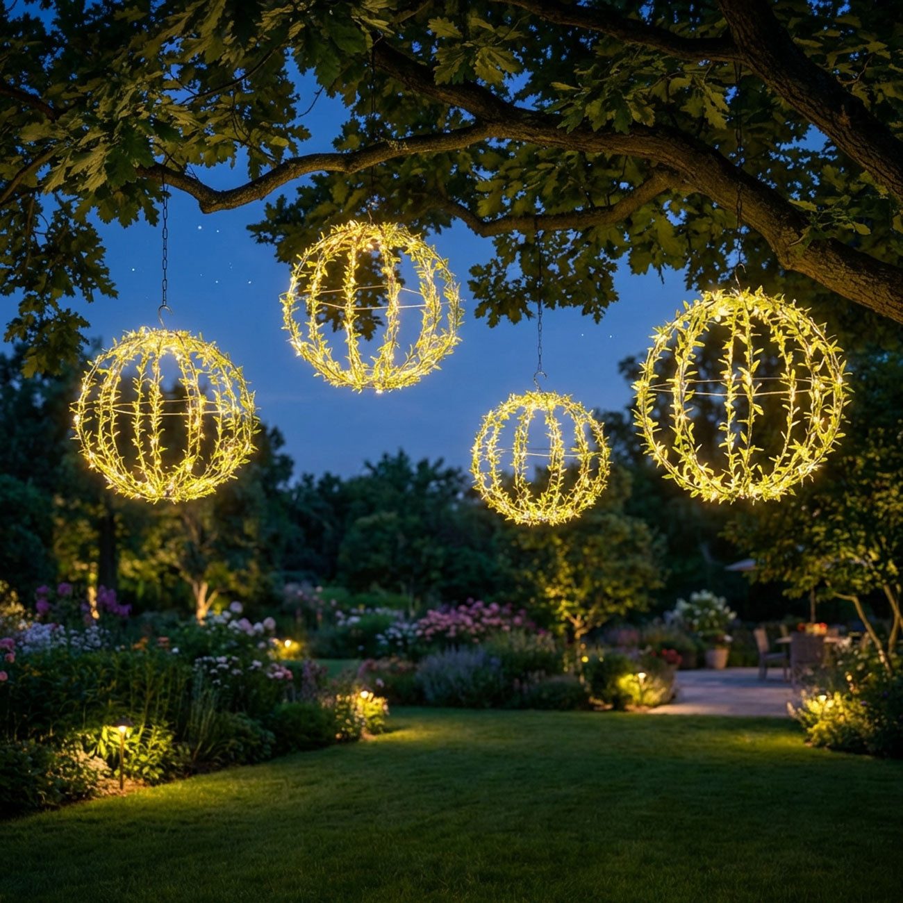 shop'n smile ideoon Hängeleuchte Solar Leuchtkugel Gartenkugel Ø40cm Blätterdesign 144 LEDs 2 Lichtmodi, LEDs, Warmweiß, 2 Modi, Solarbetrieb & Dämmerungssensor IP44, Dekoleuchte