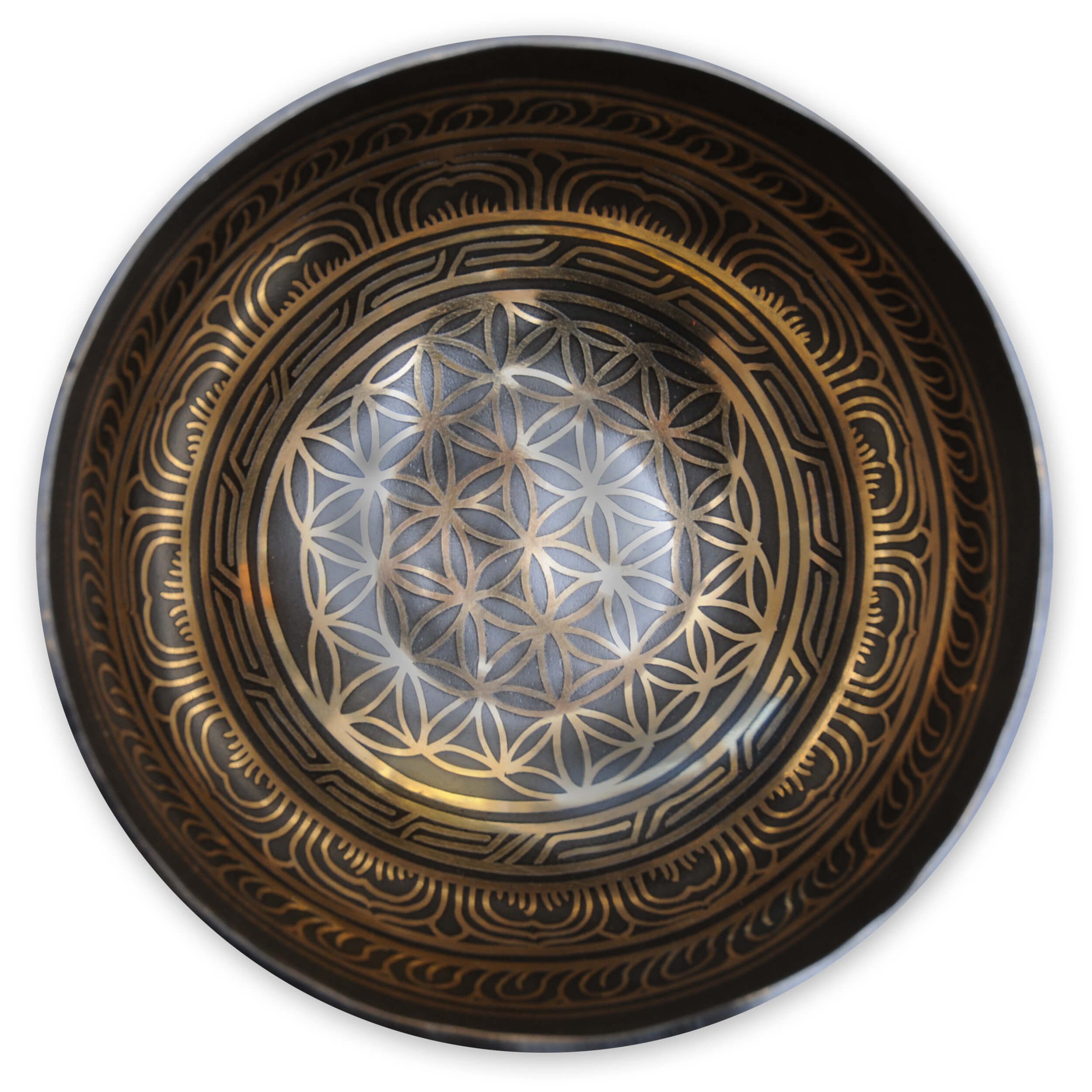 Yogishop Klangschalen Klangschale „Flower of life“, Ø ca. 20 cm,Standard, 1-St., Standard, Wohlklingende Metallklangschale.